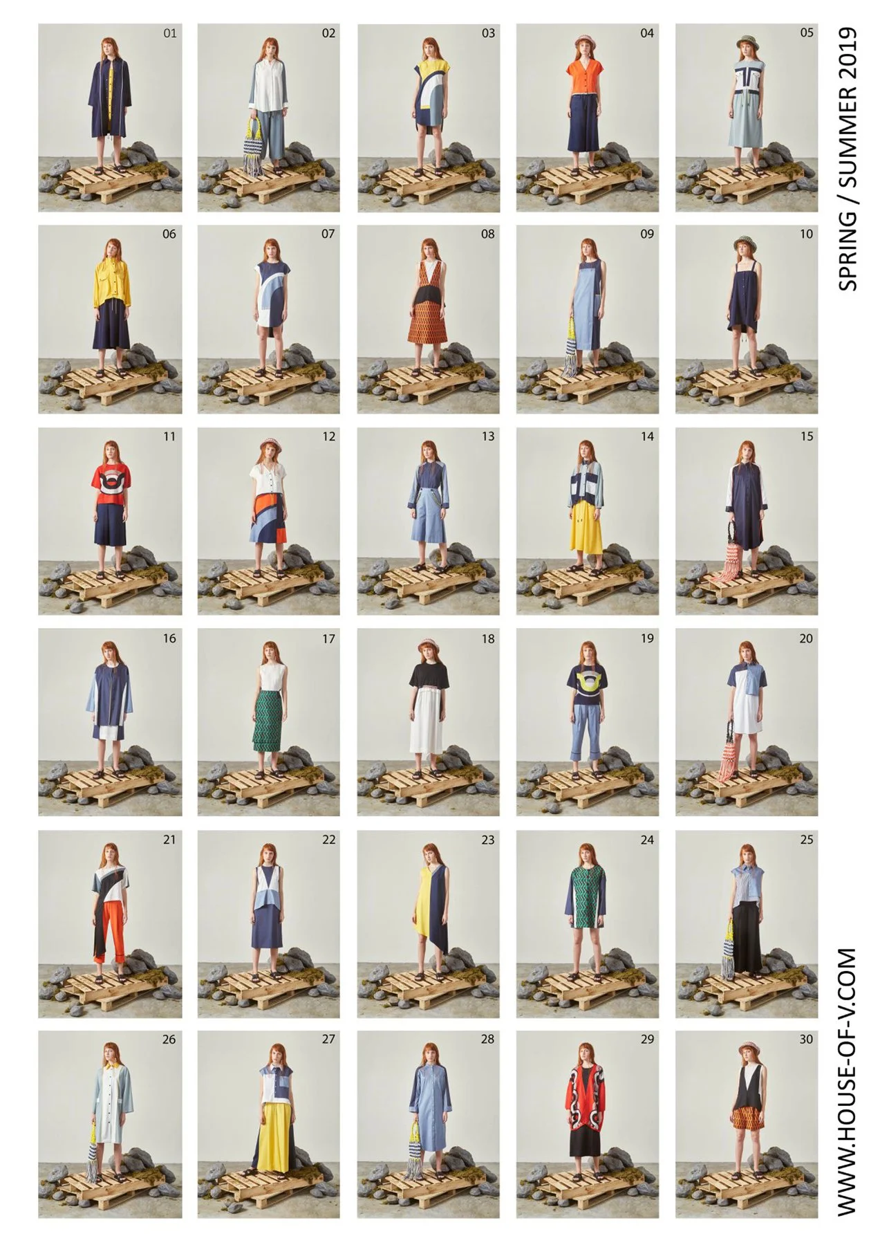 A chart displaying 30 different women's outfits for spring and summer 2019, each modeled by a woman standing on a wooden pallet with rocks and stones around her, numbered from 1 to 30.
