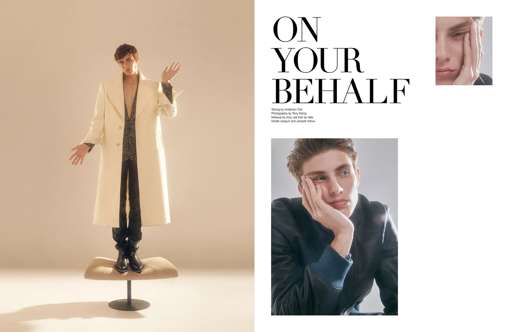 A fashion magazine spread featuring a young male model with short, wavy brown hair, posing with his hand on his face. The layout includes large text reading 'ON YOUR BEHALF' and smaller captions, along with two close-up images of the model's face. Th