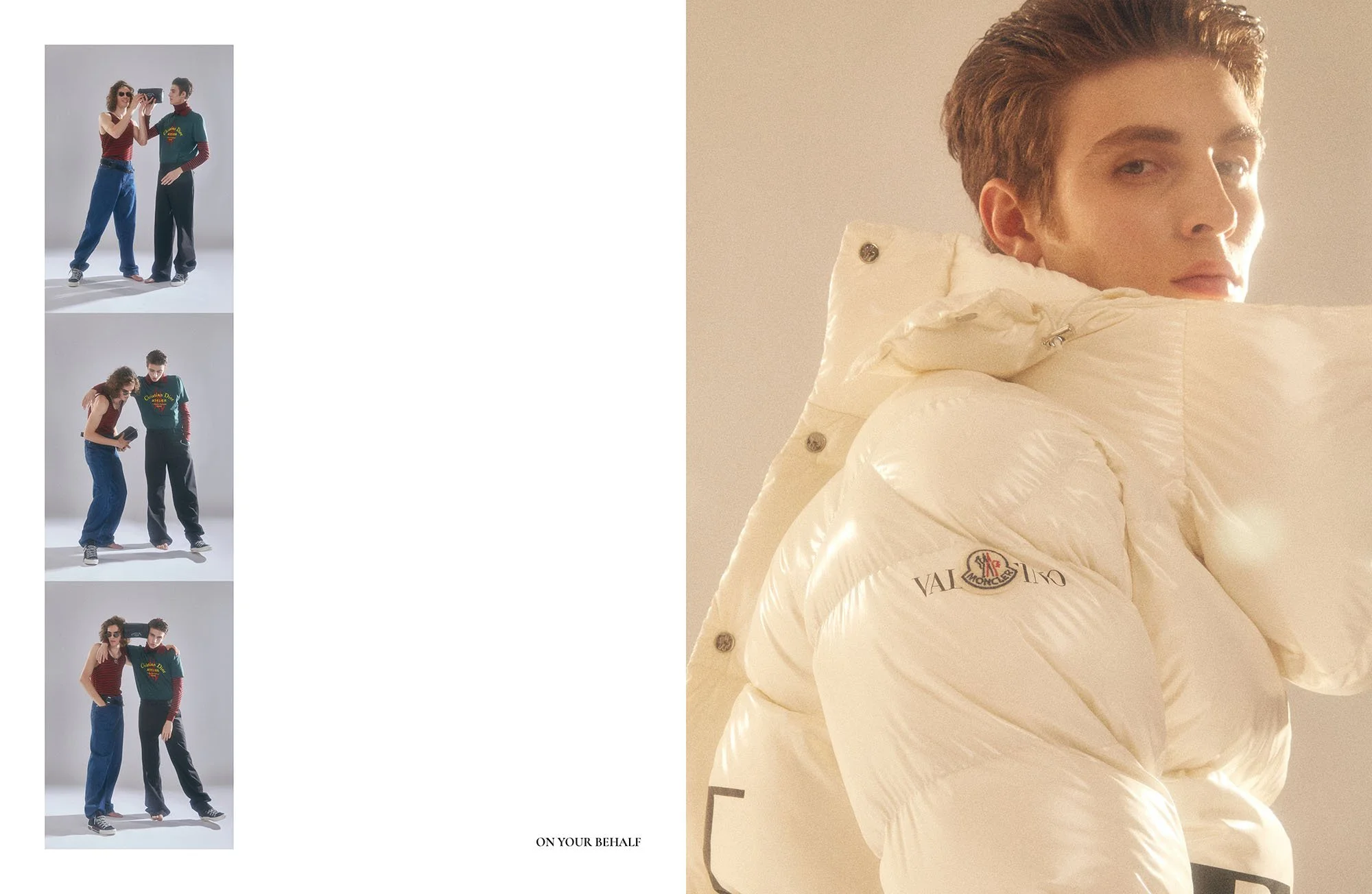 A collage with three images of two young adults posing together, and a large close-up of a young man wearing a cream-colored quilted Moncler jacket. The background is plain white, with small text at the bottom right that reads "ON YOUR BEHALF."