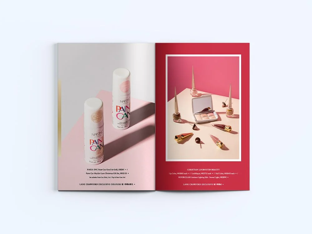 An open magazine featuring beauty products, with sunscreen bottles on the left page and an eyeshadow palette with makeup tips on the right page.