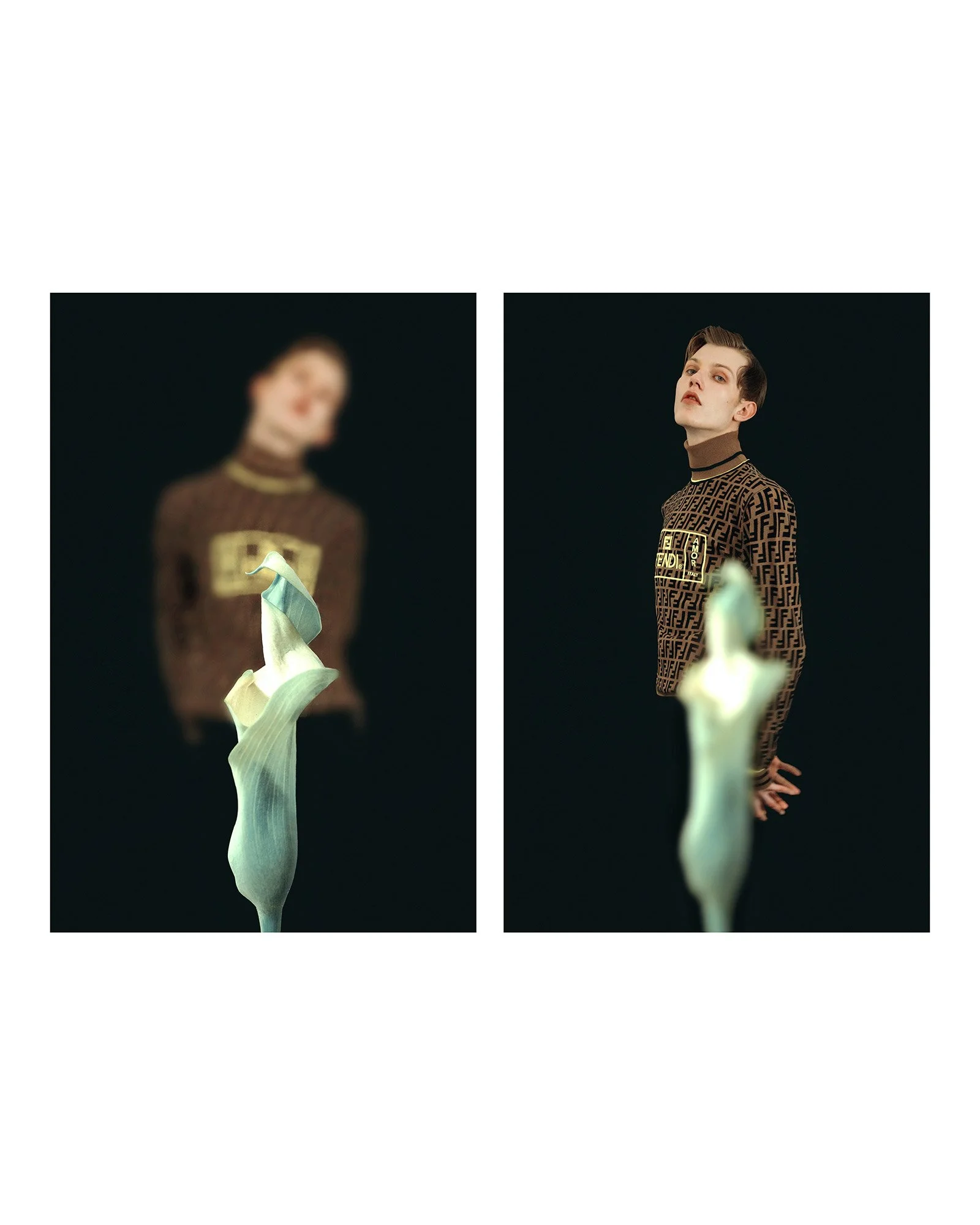 Fashion models in designer clothing with a blurred flower in the foreground, dark background.