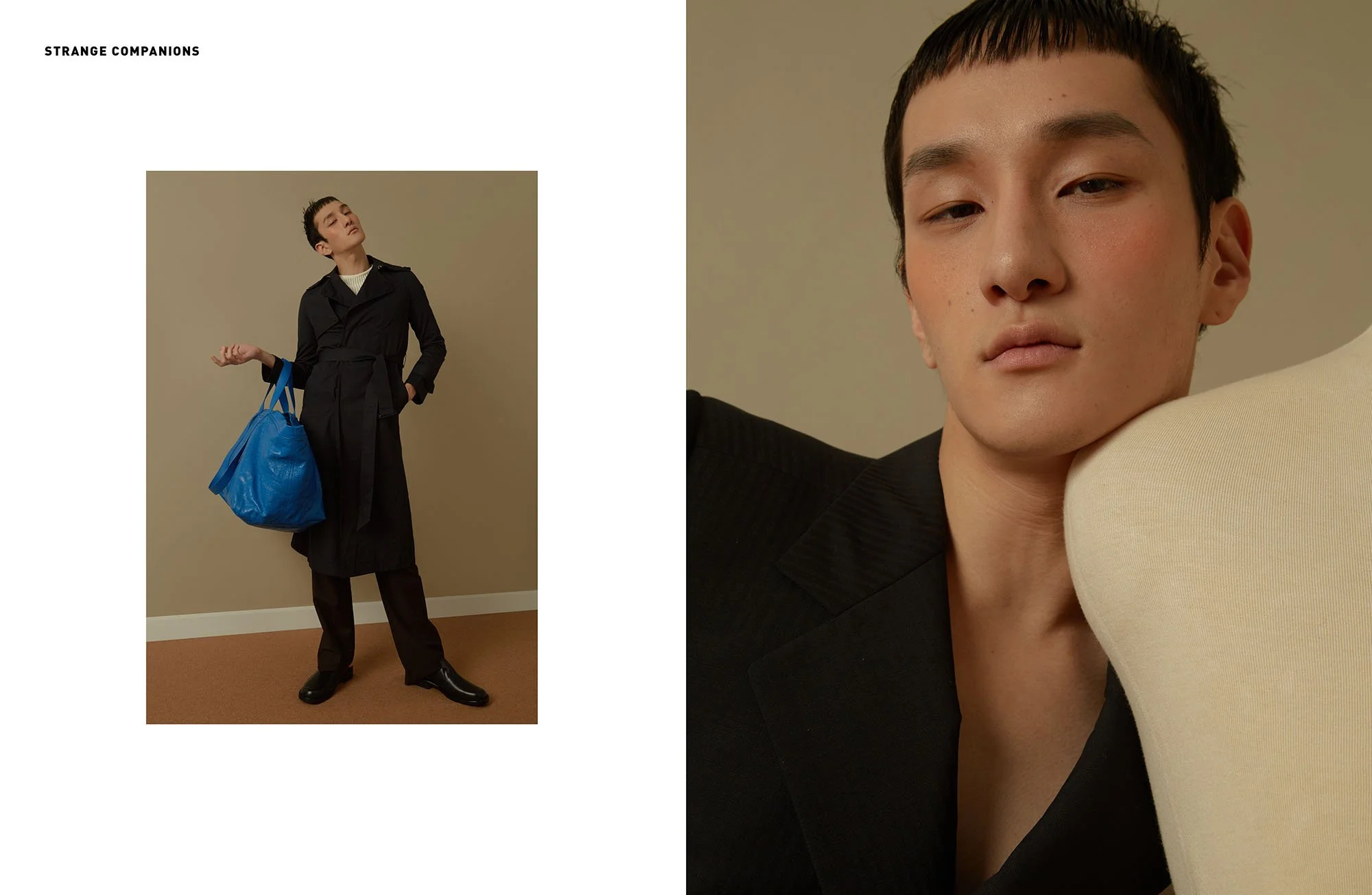 Side-by-side images of a young man. The left shows him standing in a black trench coat, black pants, and shiny black shoes, holding a large blue bag with a beige background. The right is a close-up of his face, resting on a light-colored pillow or cu