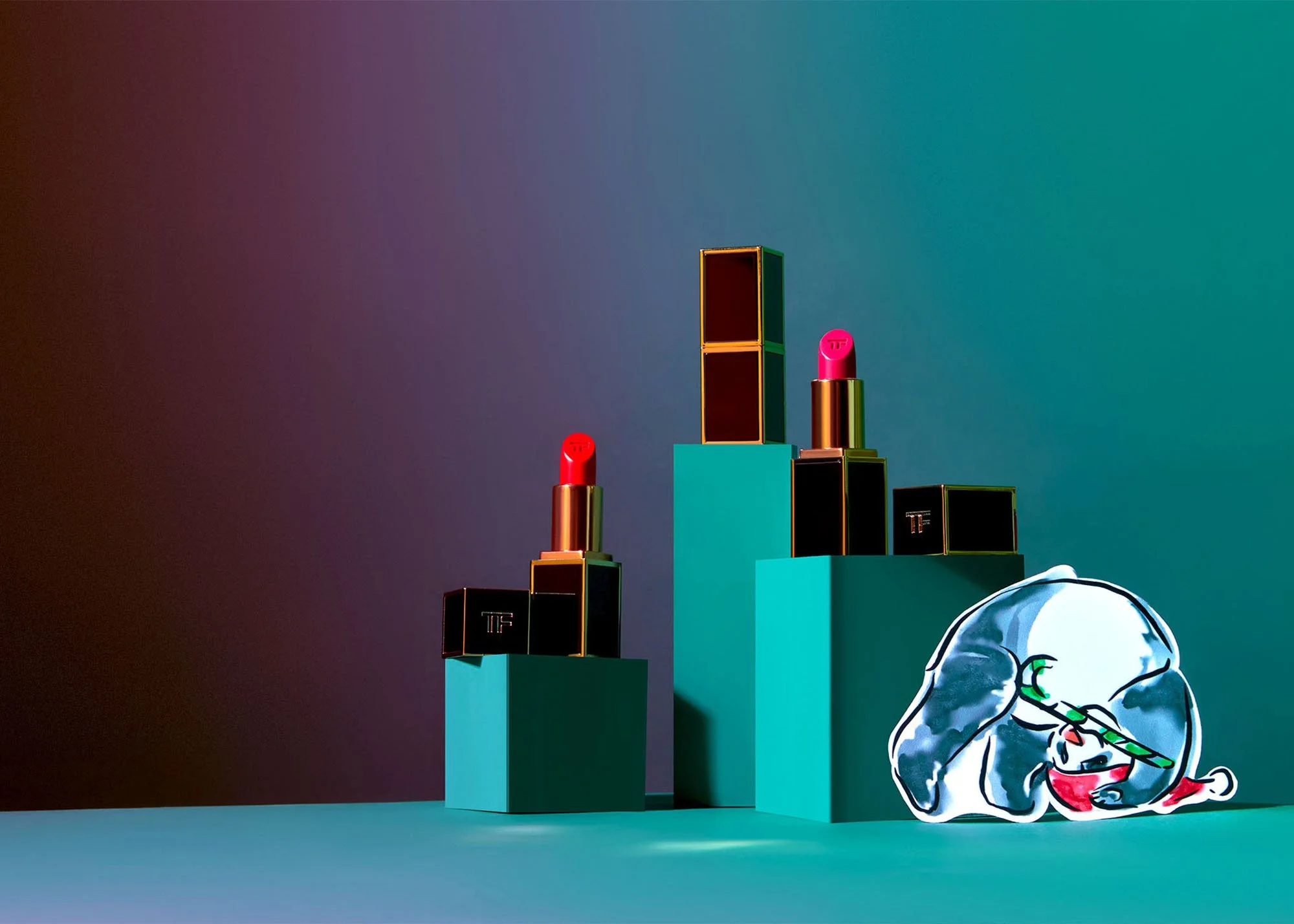 Lipsticks displayed on teal pedestals with a small dog sitting beside them, holding a green-striped stick and wearing a red scarf.