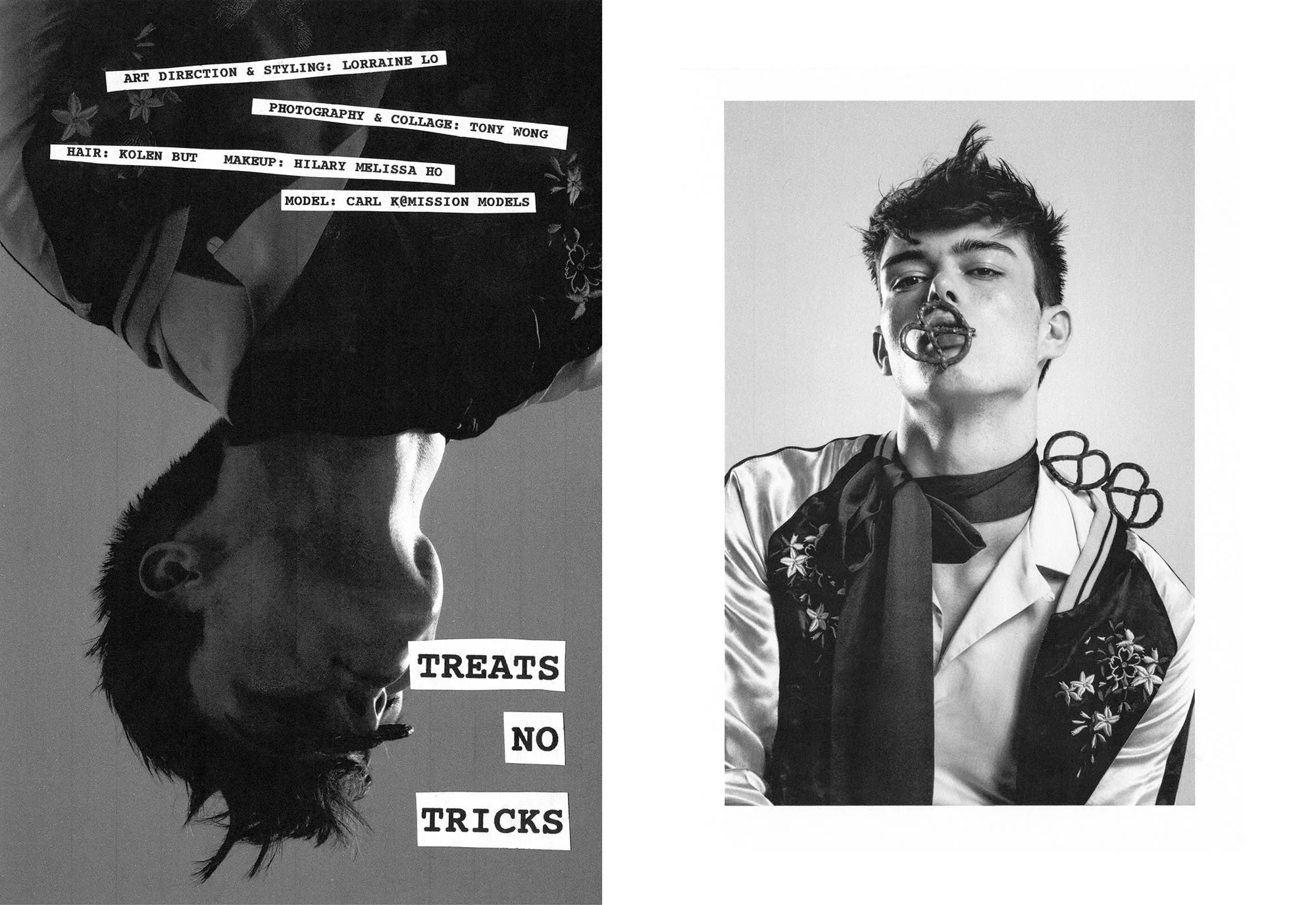 Black and white photo of a young man with styled hair, wearing a jacket with floral embroidery, holding a pair of glasses in his hand and looking at the camera. The left side features partially visible text with words like "treats," "no," "tricks," a