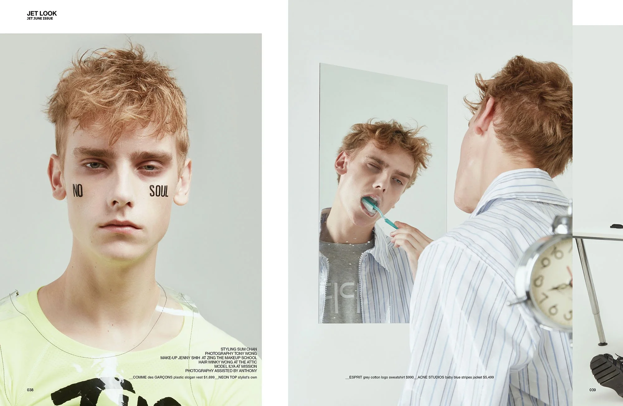A young man with tousled red hair brushing his teeth in front of a mirror, wearing a striped shirt. The image is part of a magazine spread with the left page showing his face with the words 'NO SOUL' written on his cheeks, and the right page showing 