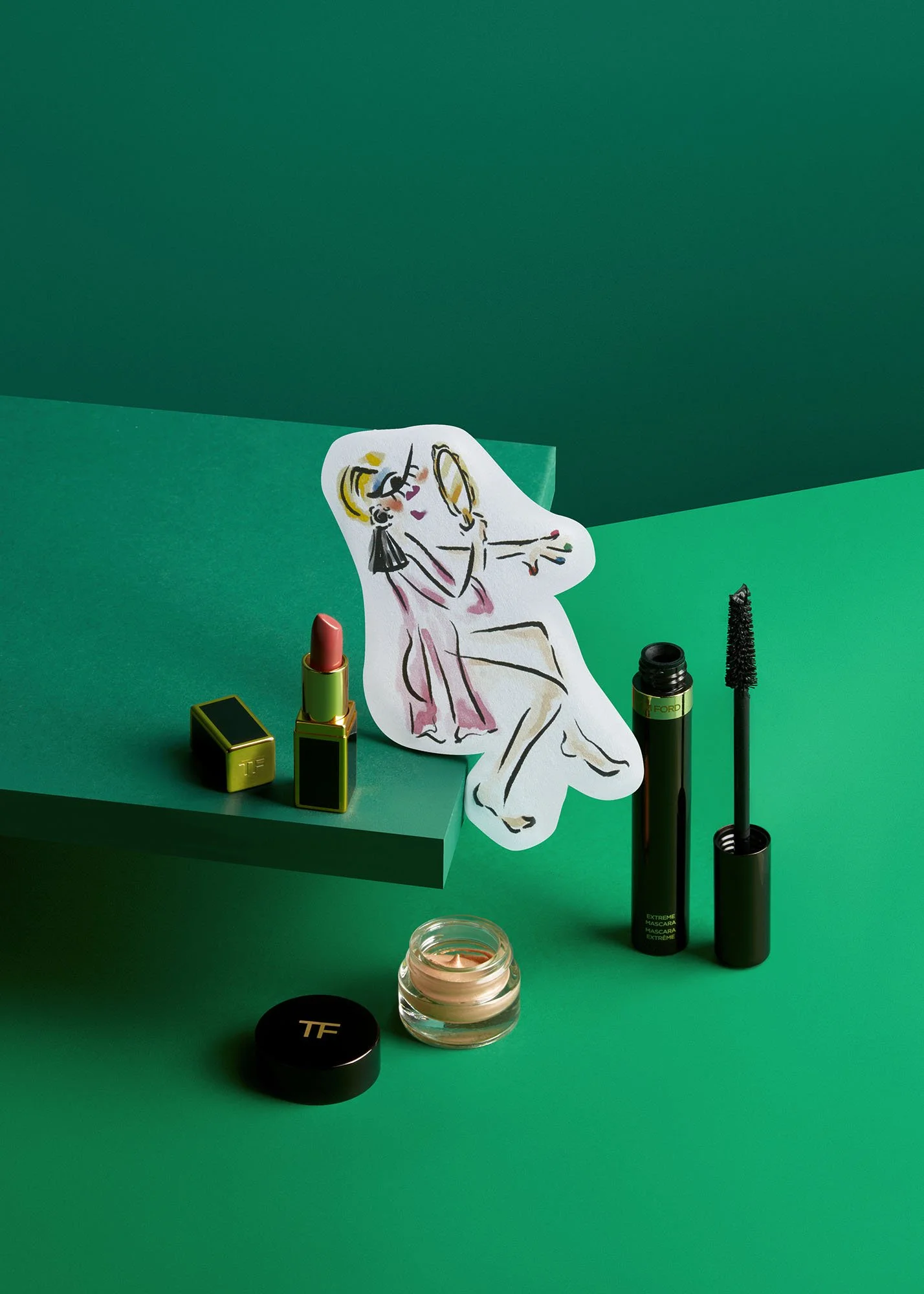 Green background with makeup and beauty products, including a lipstick, mascara, and a small jar of cream, arranged with a paper cutout of a stylish woman applying makeup.