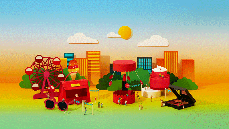 Colorful amusement park with a Ferris wheel, ice cream, candy, a carousel, and a toy piano under a sunny sky.