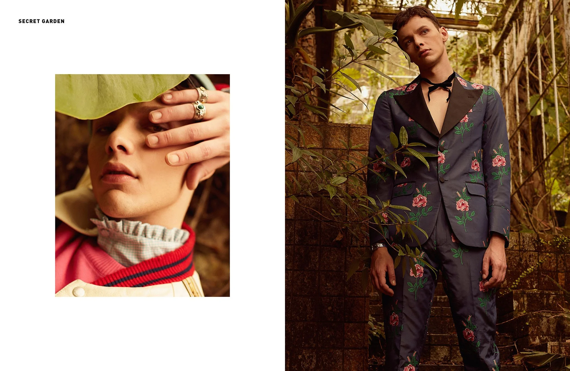 A split image with the left side showing a close-up of a person with fair skin, short hair, wearing layered clothing including a red and white jacket with a checkered collar, and jewelry including a ring with a large green stone. Their right hand cov