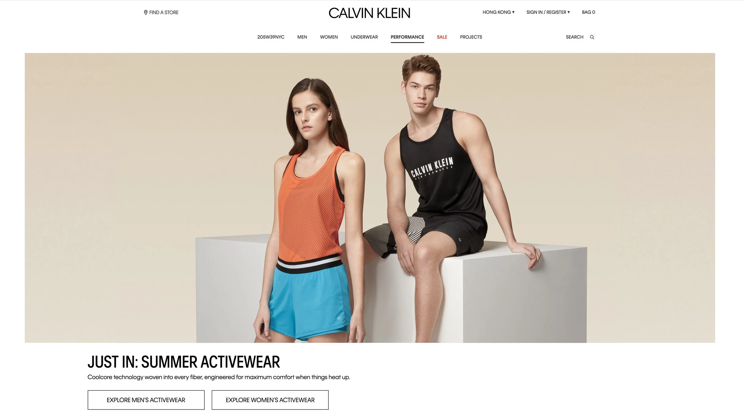 A man and a woman dressed in colorful activewear pose on a white platform against a beige background on the Calvin Klein website, with the text promoting summer activewear.
