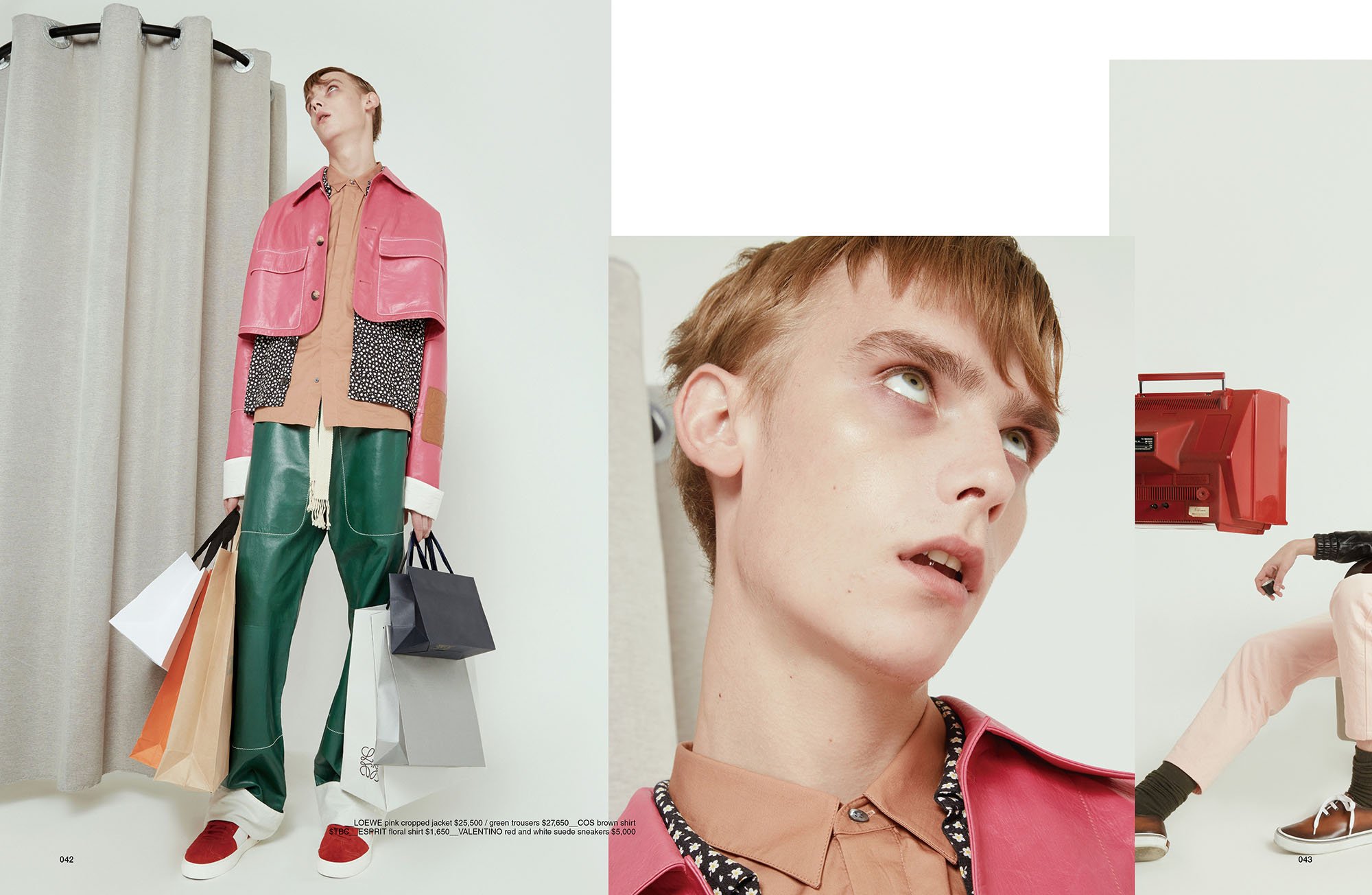 Fashion shoot with a model wearing a pink cropped jacket, brown shirt, and green pants, holding shopping bags, against a plain background with a curtain. Close-up of the model's face with makeup and clothing details, and part of another pose showing 