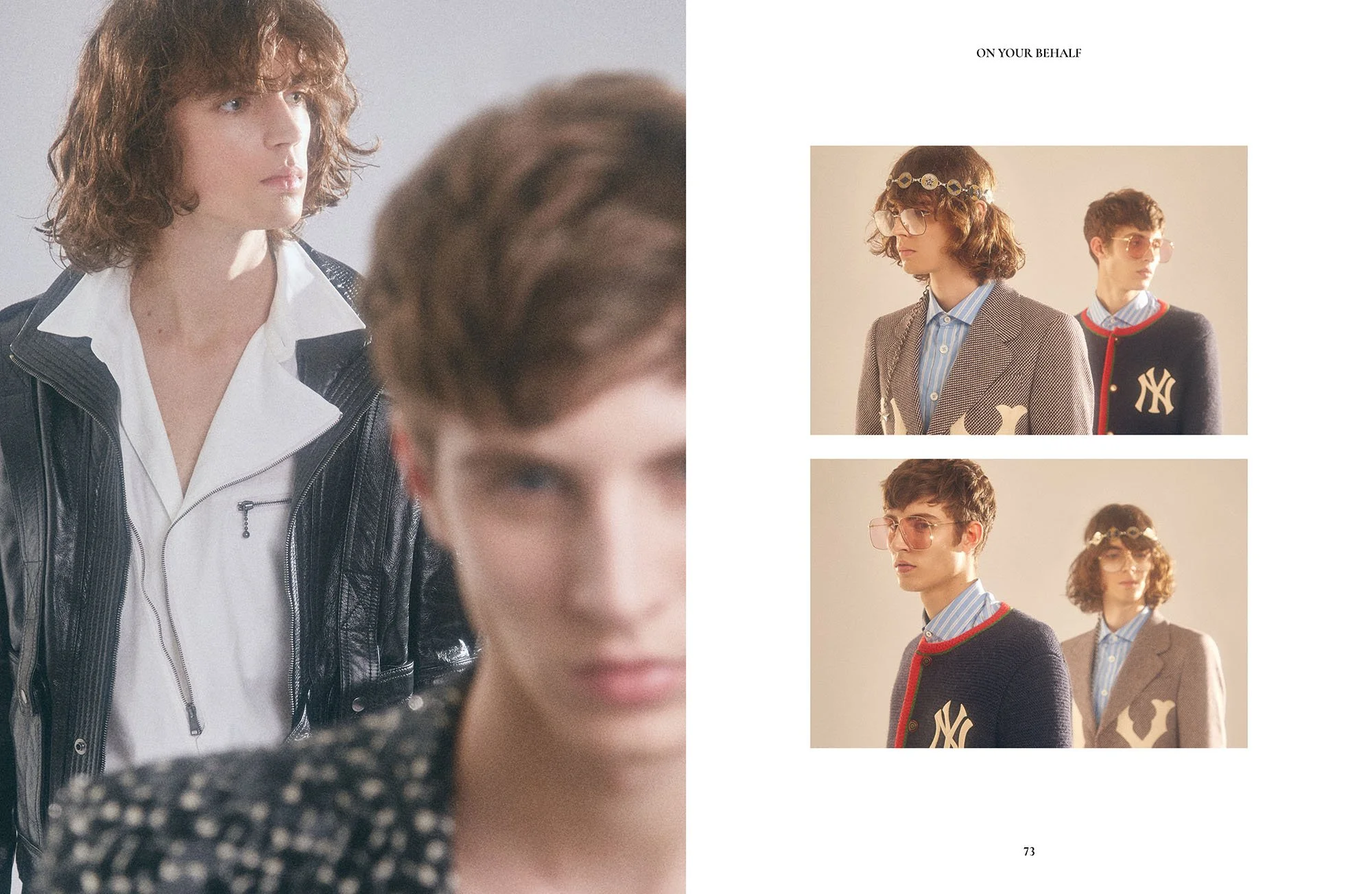 Page from a fashion magazine featuring three models wearing vintage-inspired clothing. The models are dressed in blazers, shirts, and Accessories, with one wearing a headband and glasses, and another sporting sunglasses.