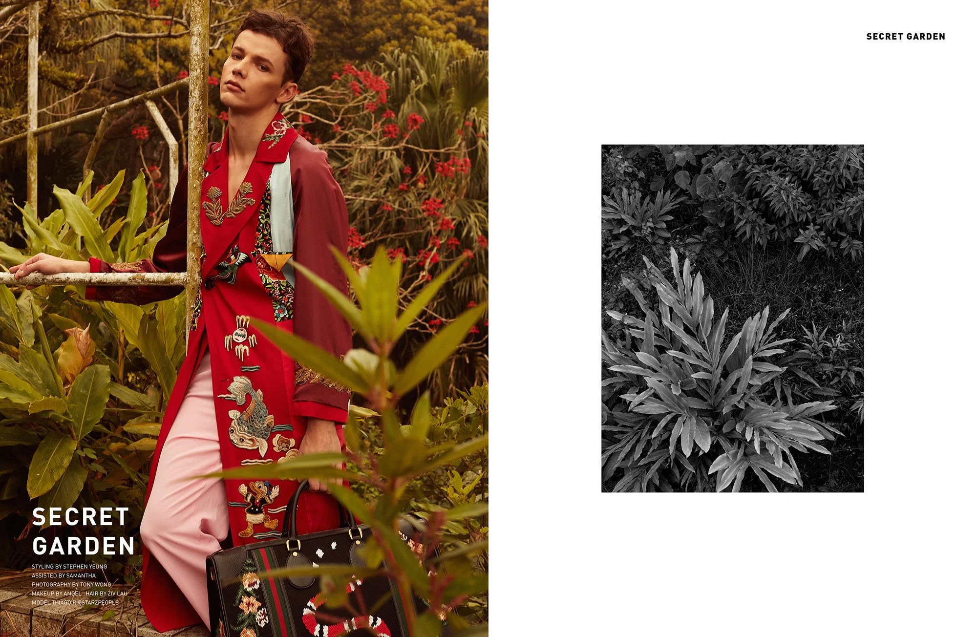 A person standing in a lush garden with various plants and flowers, holding a black handbag with a colorful embroidered design, and wearing a red embroidered coat and pink pants. The photo is part of a magazine layout titled "Secret Garden."