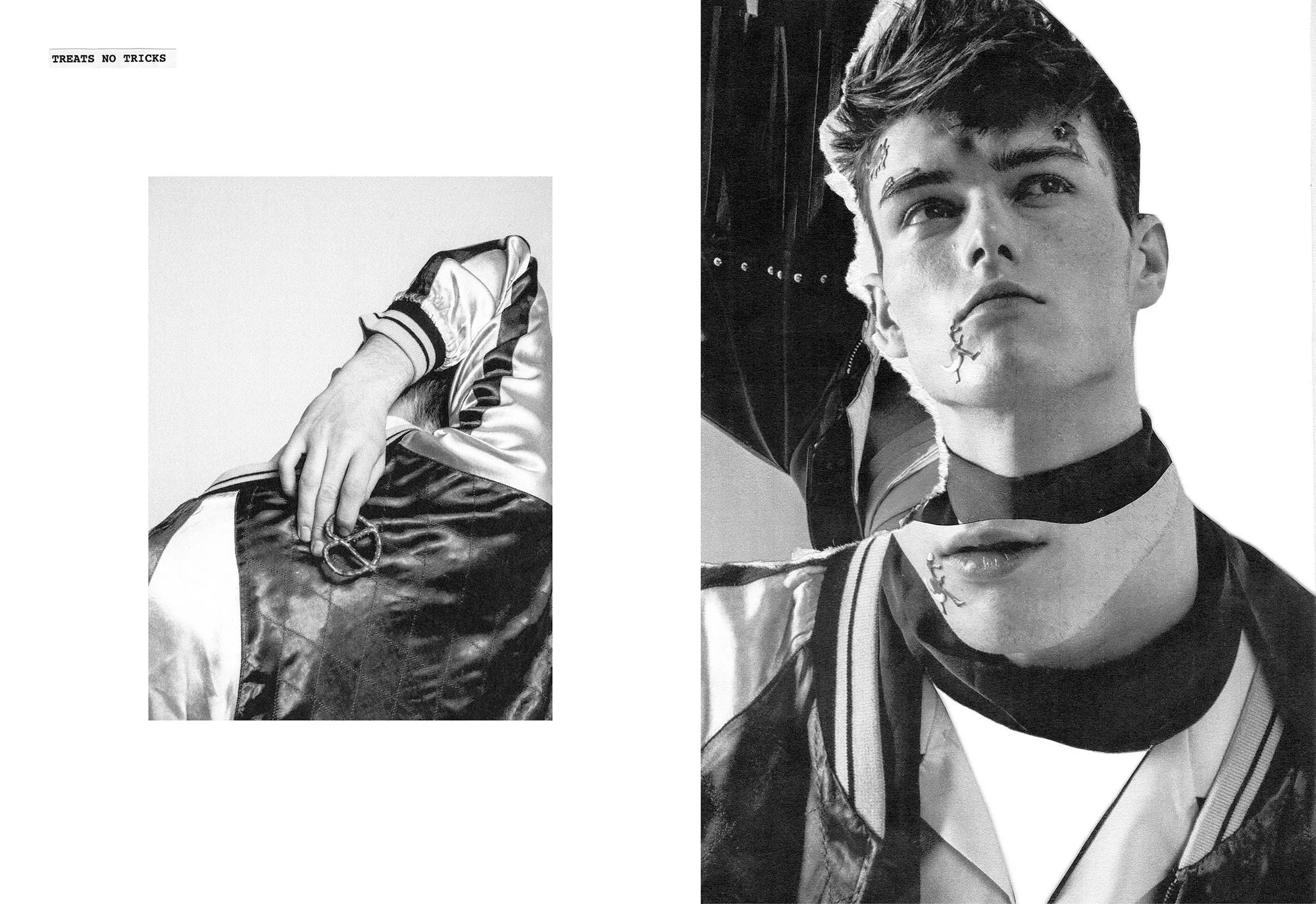 Black and white collage featuring a close-up of a young man with tattoos on his face and neck, wearing a varsity jacket, and a photograph of a person holding a shiny, textured bag.