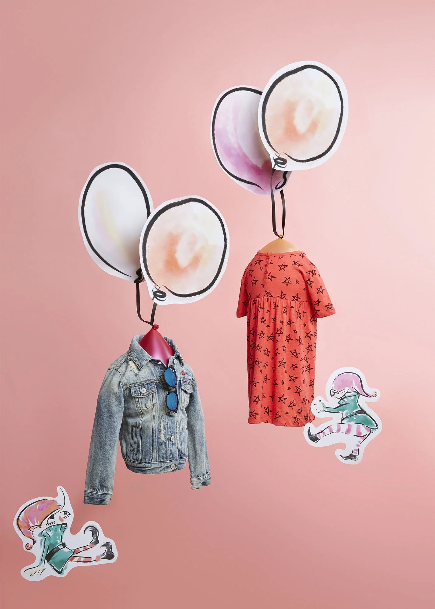 Instagram display of two animated balloons with drawn faces, attached to hangers showing children's clothing, on a pink background. The left hanger has a denim jacket and sunglasses, while the right has a pink dress with star patterns.