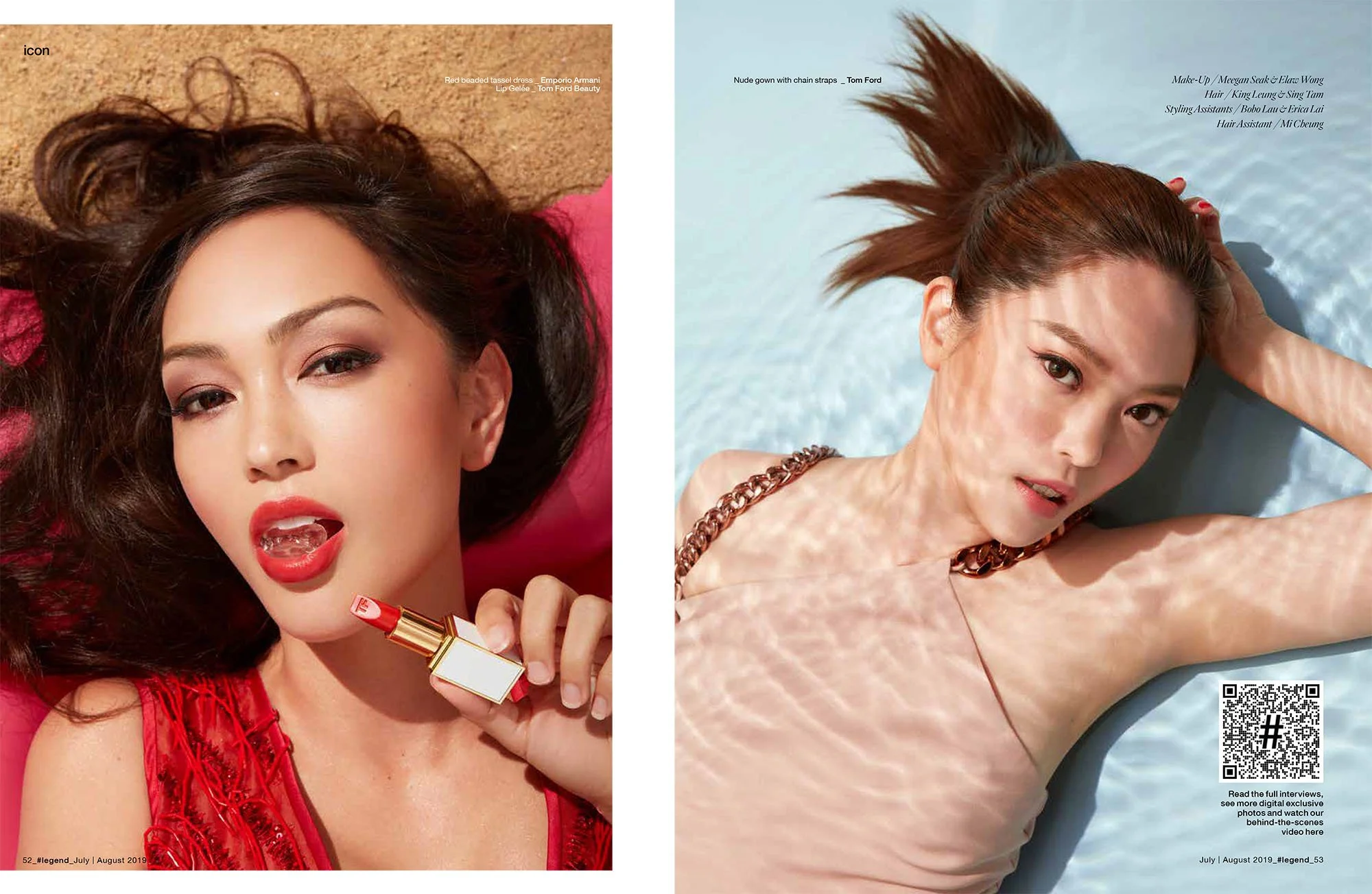 Two women in fashion photoshoots. The woman on the left has dark hair, wears a red dress, and holds lipstick near her lips with lipstick marks on her face. The woman on the right has reddish-brown hair, wears a beige top, and is lying on water with h
