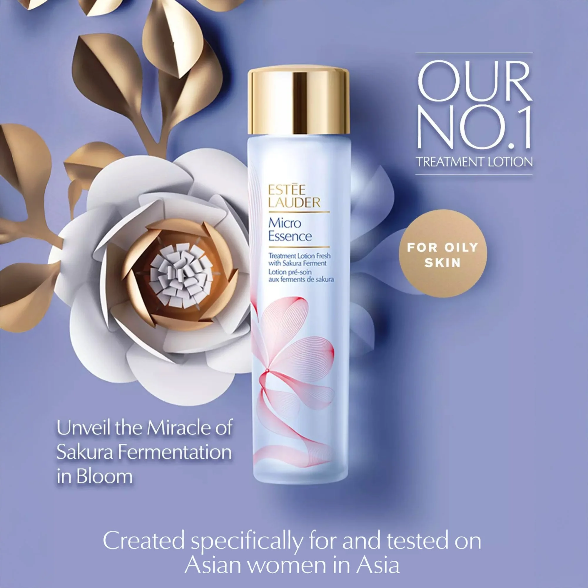 A bottle of Estée Lauder Micro Essence Treatment Lotion on a blue background, surrounded by a white and brown sakura flower and gold leaves. The text highlights it as the No. 1 treatment lotion for oily skin, unveiling the miracle of sakura fermentat
