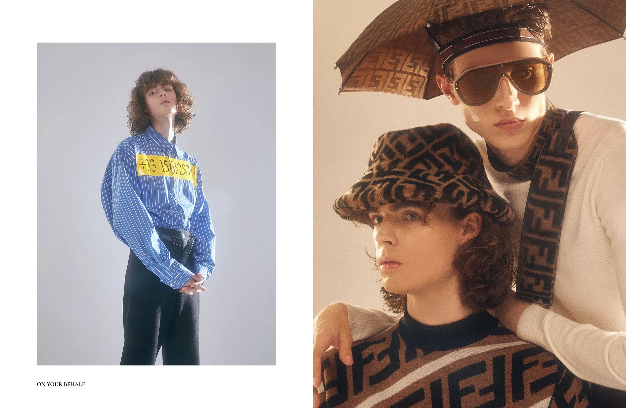 Fashion advertisement featuring three young models with styled hair, in designer clothing and accessories. The model on the left wears a blue and white striped shirt with a yellow placard and black trousers. The two models on the right are close-up, 