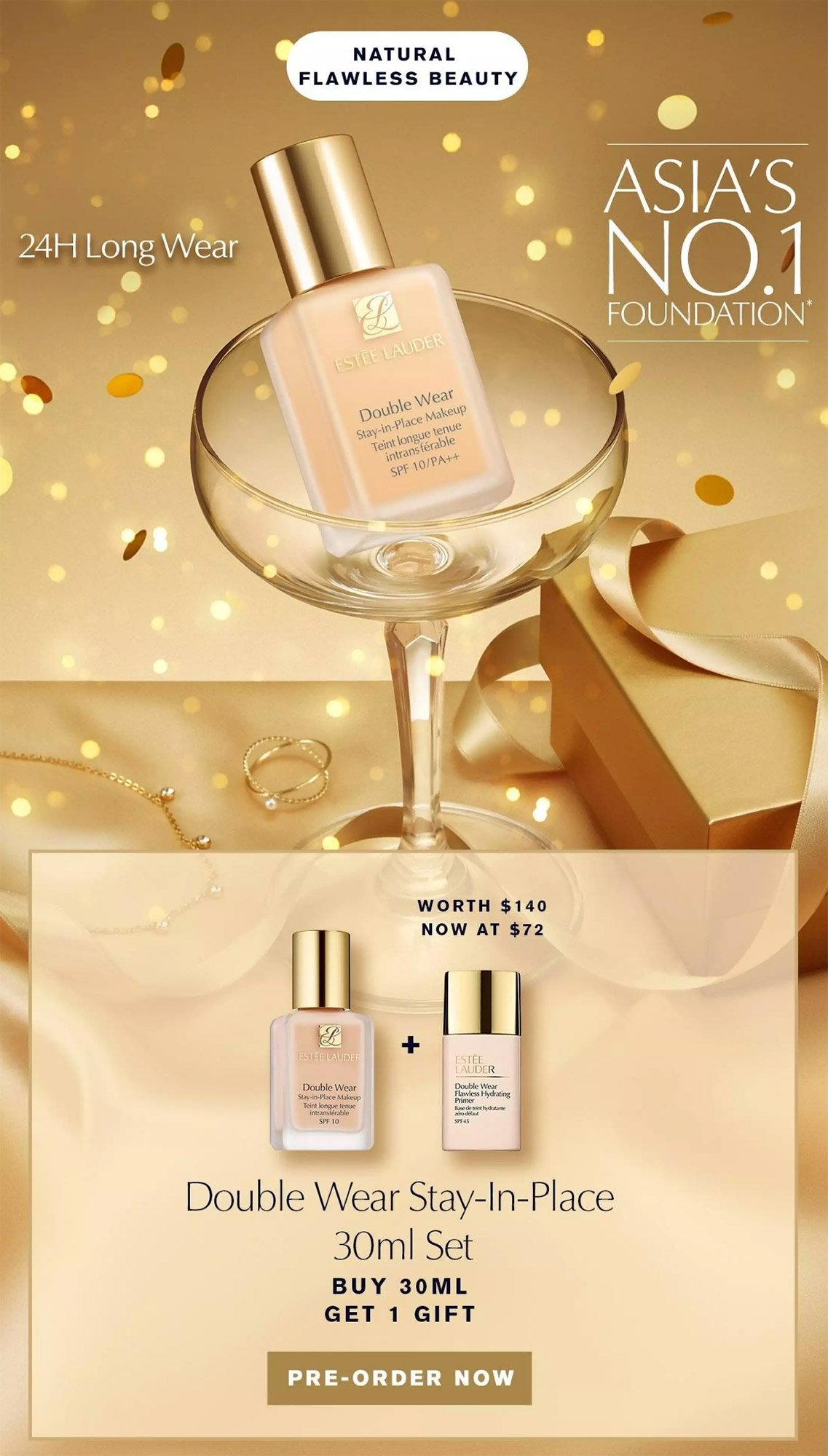 Advertisement for Estée Lauder Double Wear Stay-In-Place foundation and primer set. Features a gold and cream color theme with a foundation bottle in a glass dish, gold jewelry, and a wrapped gift box. Highlights a promotion: worth $140, now $72, buy