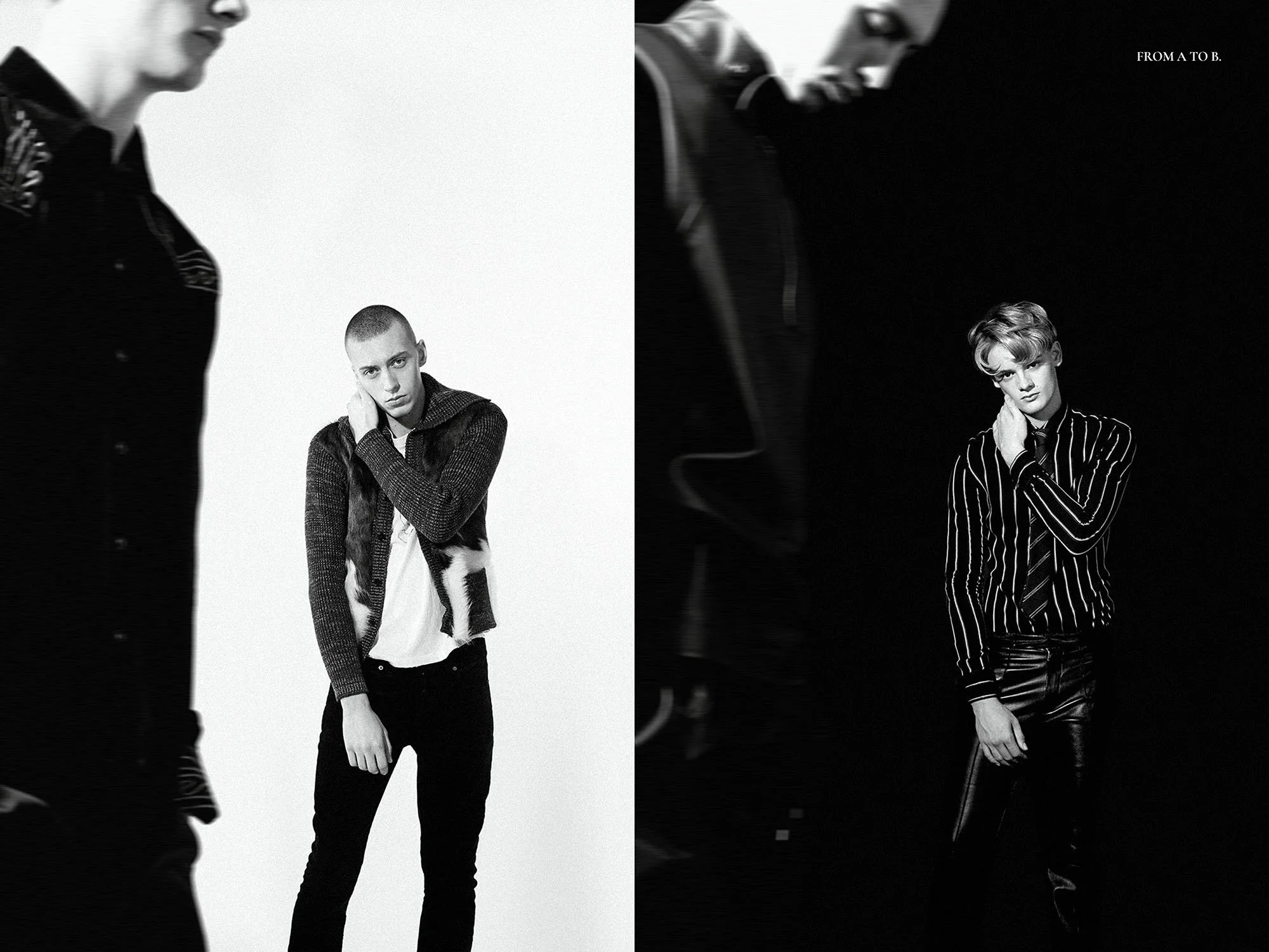 Black and white split-screen photo of two models. The left shows a woman with a short hairstyle, wearing a textured jacket and a white shirt, poses with her hand near her face against a plain background. The right shows a woman with wavy hair, wearin