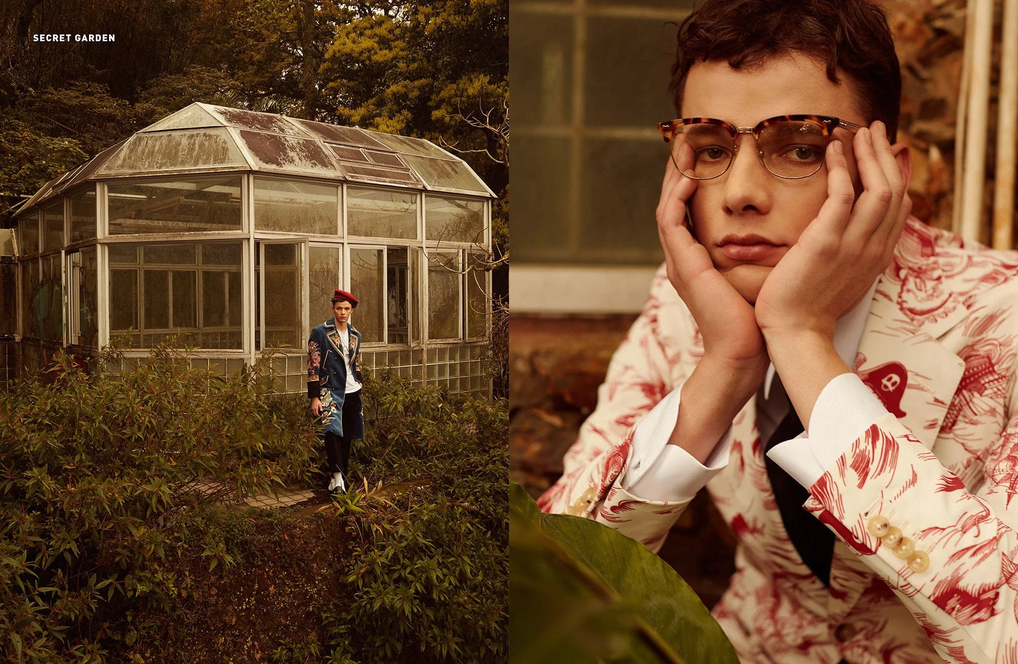 A young man with short brown hair, wearing glasses and a white and red patterned suit, rests his face in his hands while sitting in front of a window. In a separate image, a person wearing a red beret and colorful jacket stands outside near an overgr