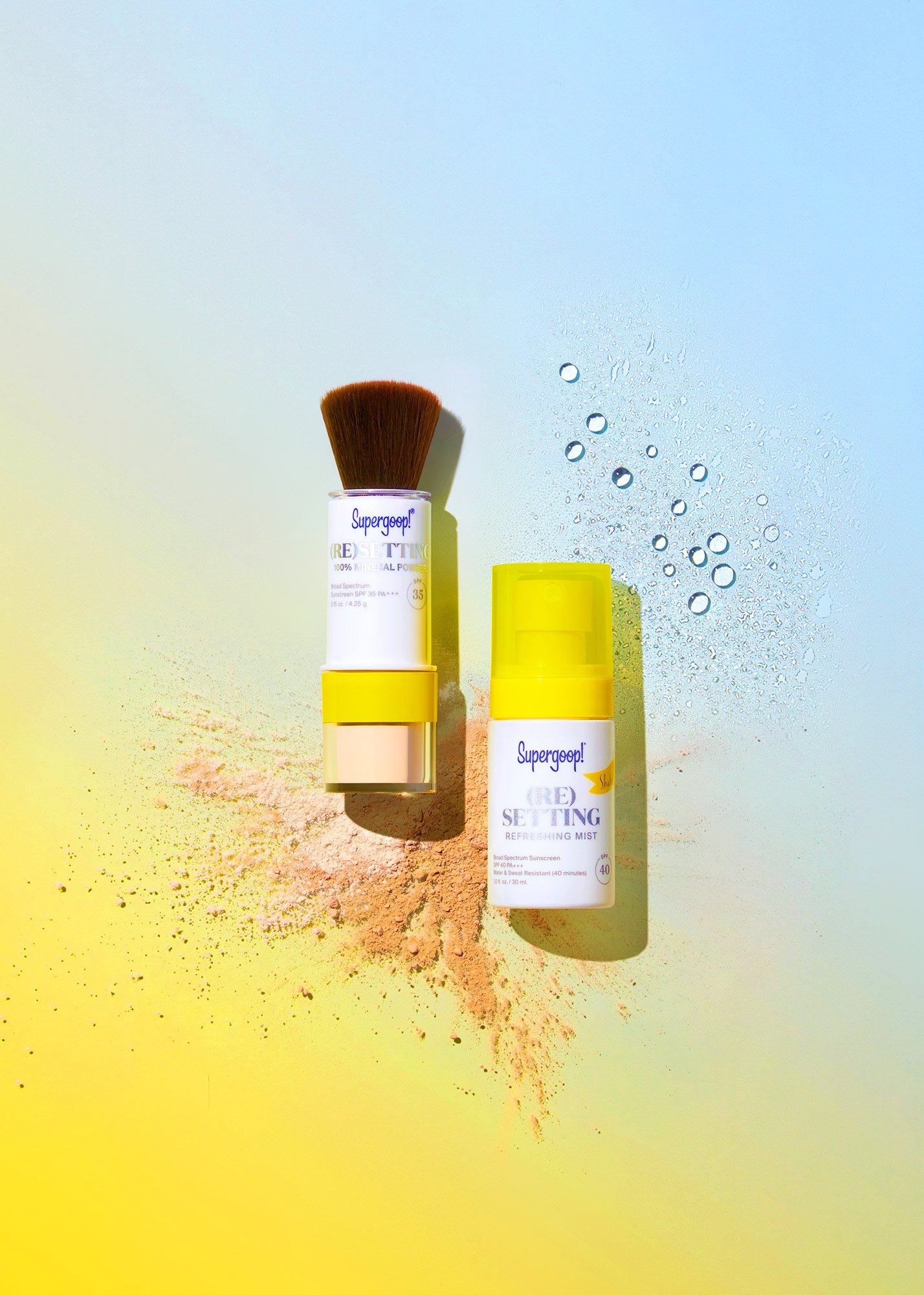 Two skincare products with yellow caps, a powder brush, and colorful powder on a multicolor background.