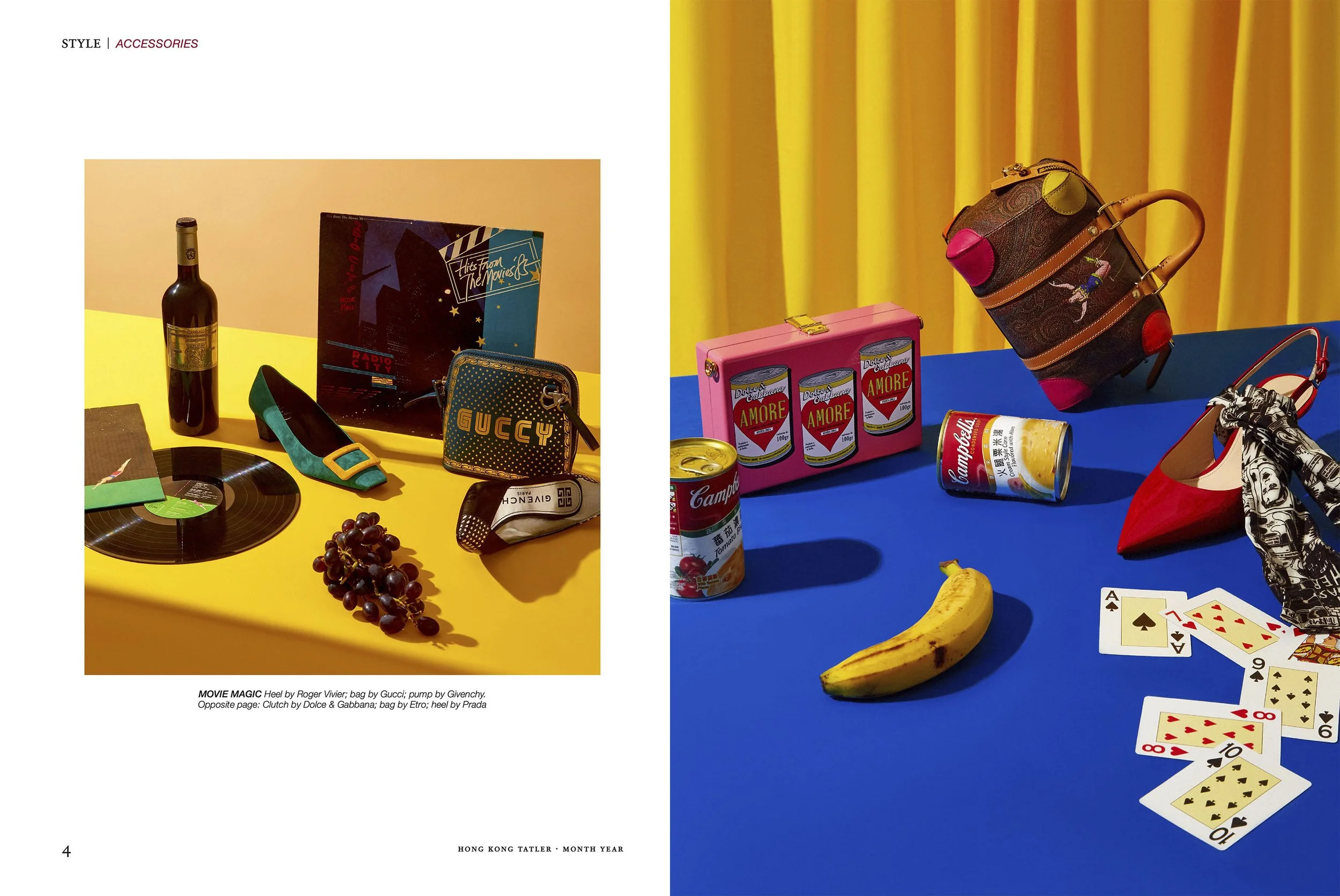Colorful still life with a yellow table on the left holding a bottle of wine, a vinyl record, a green and black shoe, a Gucci purse, grapes, and vintage style printed magazines, and a blue table on the right with canned food, a pink tin box, a banana