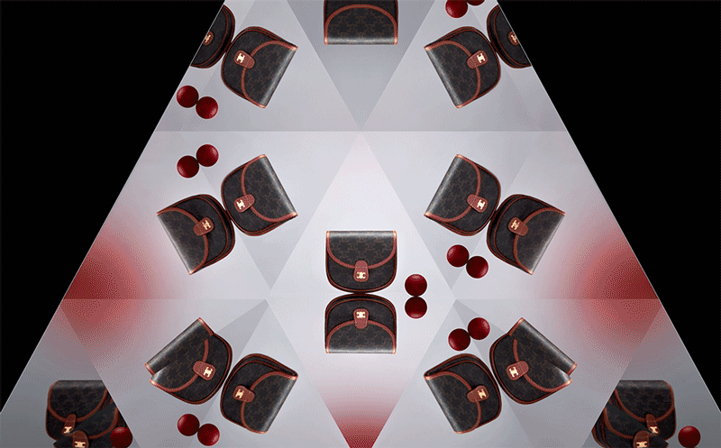 A symmetrical arrangement of nine brown designer bags with orange accents and gold locks, along with six red balls, on a reflective surface with a mirrored, geometric background.