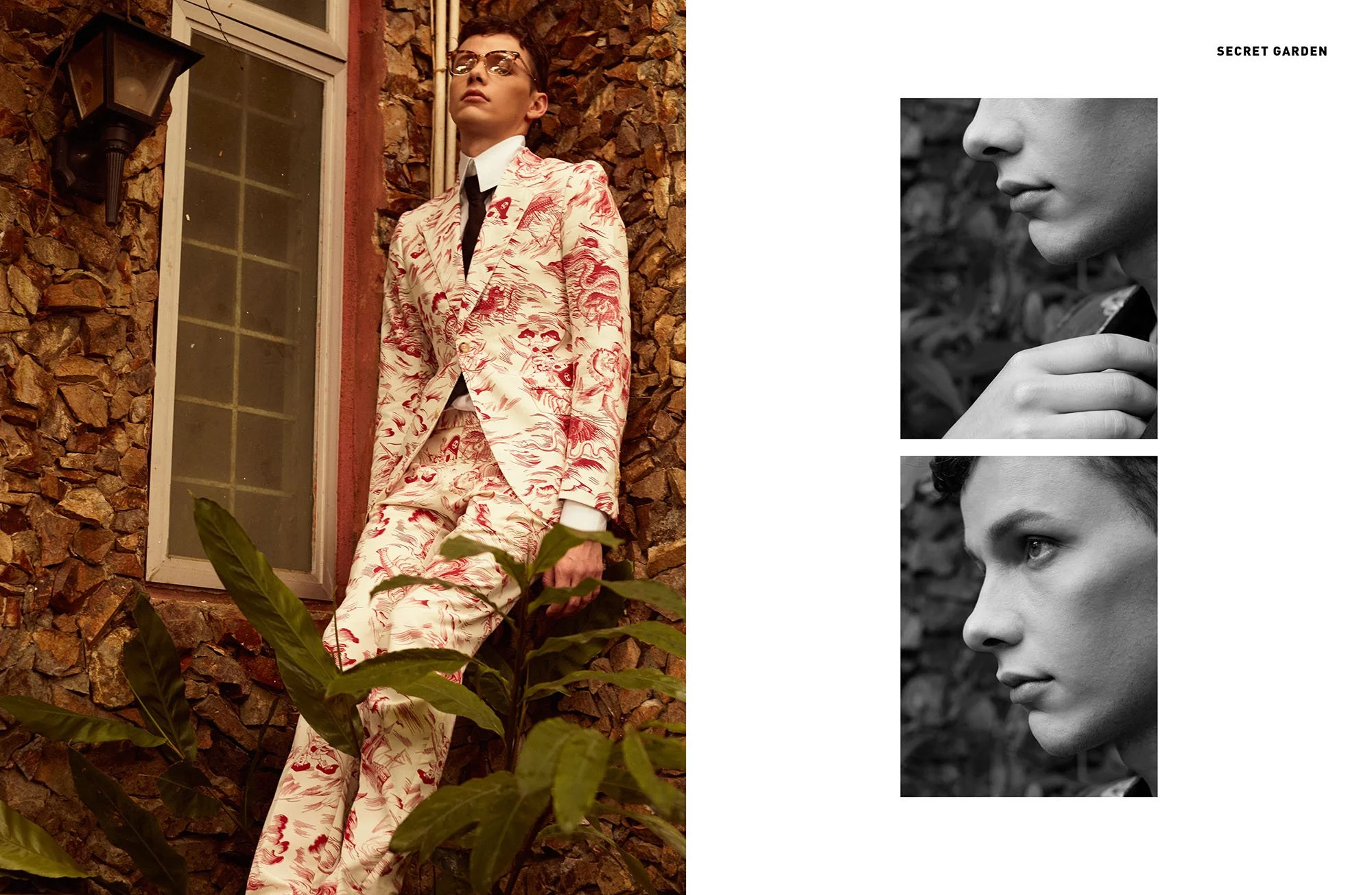 A fashion model wearing a white suit with red ornate pattern, standing outdoors against a stone wall near a window. The image includes close-up black and white portraits of a woman's face, showing side and profile views, with her hand near her neck a