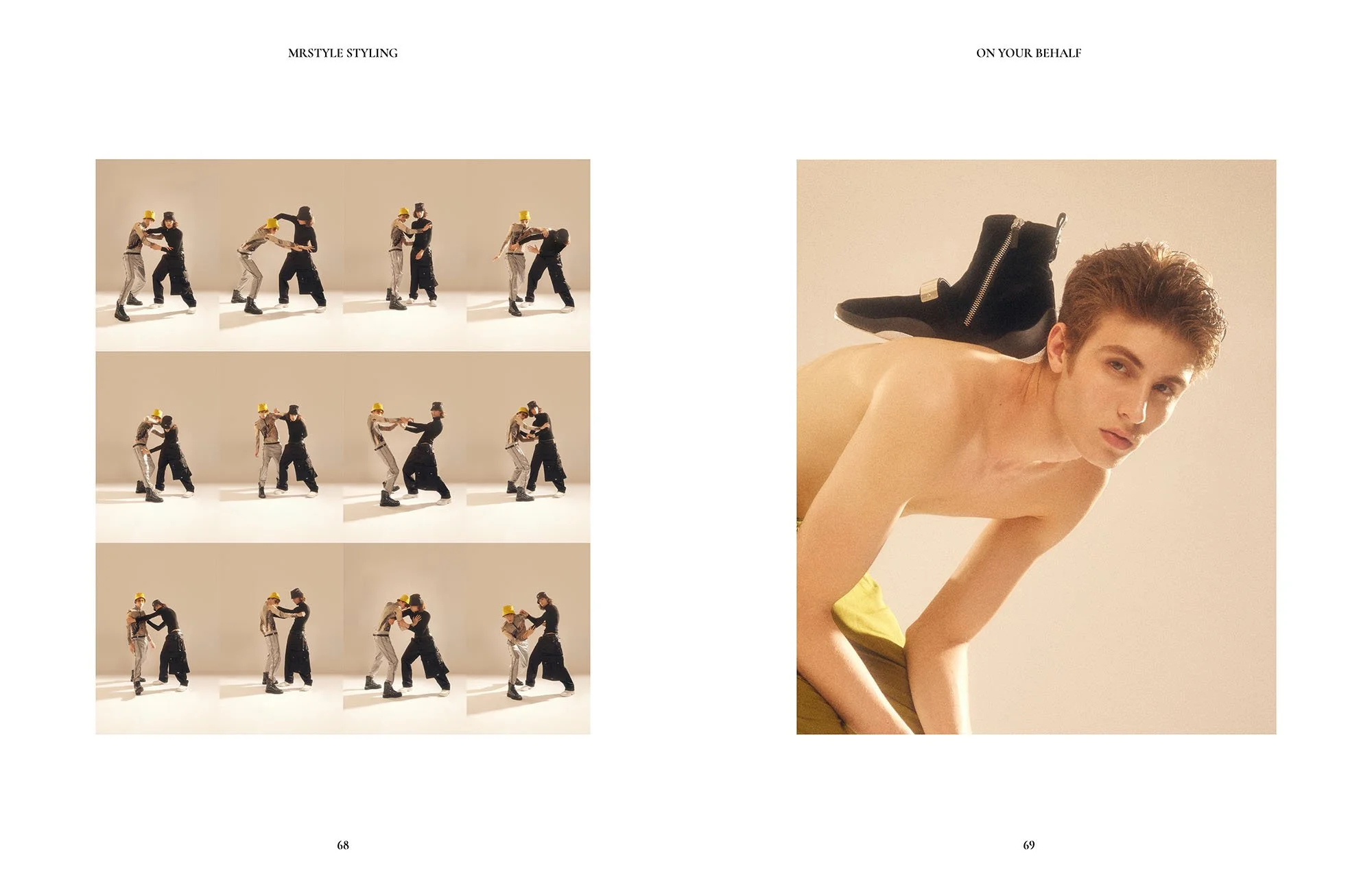 Page spread with a sequence of six photos on the left showing two people arguing, and a photo on the right of a young woman with short hair, partially nude, with a black shoe resting on her back.