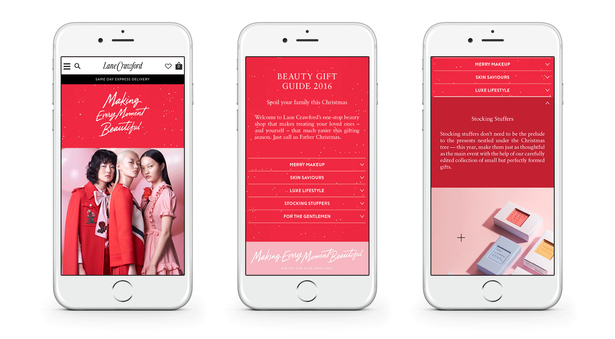 Three smartphone screens displaying a holiday-themed beauty shop website with red and pink color schemes, showcasing models in festive outfits, a gift guide, and small boxed beauty products.
