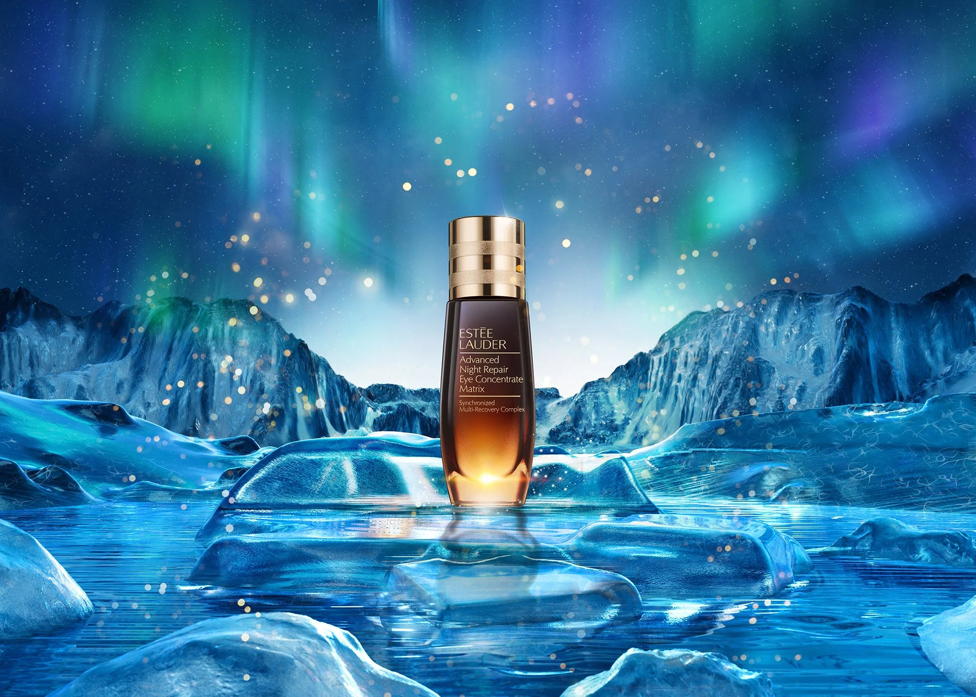 A bottle of Estée Lauder Advanced Night Repair Eye Concentrate Matrix placed on an ice-covered landscape with mountains and the northern lights in the sky.