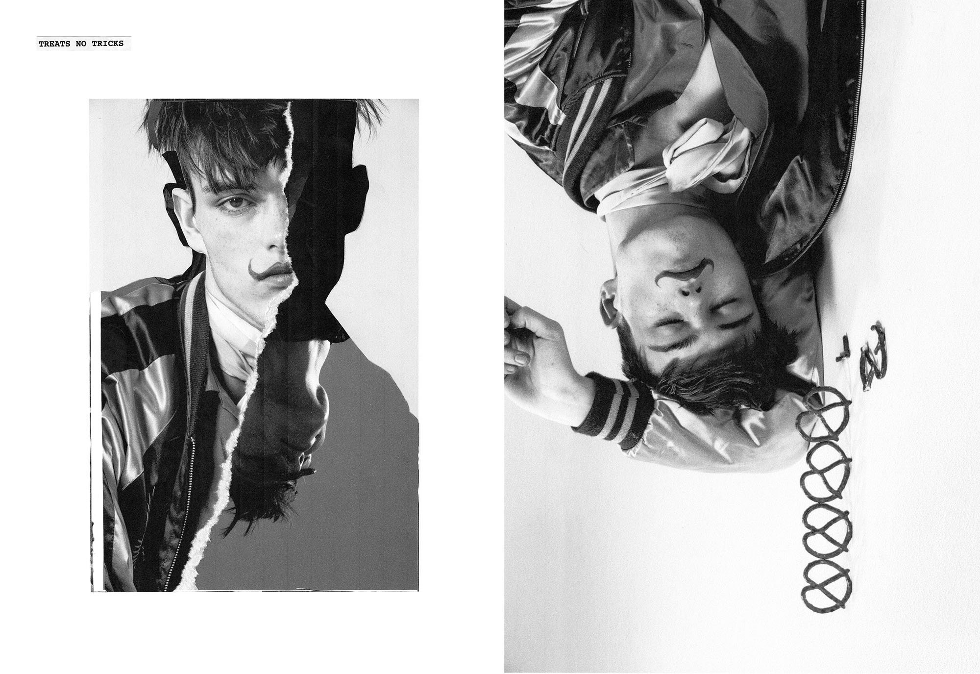Black and white photograph of two young men lying on the floor, one with eyes closed and the other with eyes open, wearing jackets and t-shirts. There are rings stacked in a line near the man with eyes closed, and the phrase 'TREATS NO TRICKS' is pri