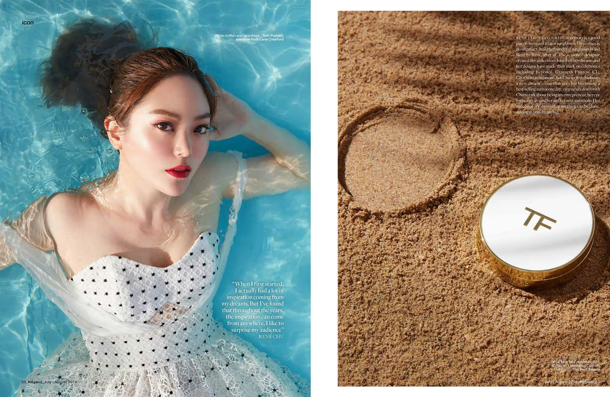 A woman with brown hair and red lipstick is floating on her back in a swimming pool with clear blue water. She is wearing a white polka dot dress with lace details, and her hair is wet and spread out in the water. On the right side, there is a textur