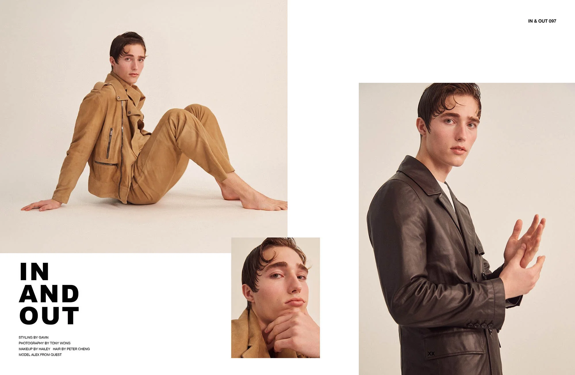 A fashion magazine spread featuring a male model in a brown leather jacket and pants, in two poses, and a smaller inset of the same model in a different pose, with text reading "IN AND OUT" and credits for styling, photography, makeup, hair, and mode