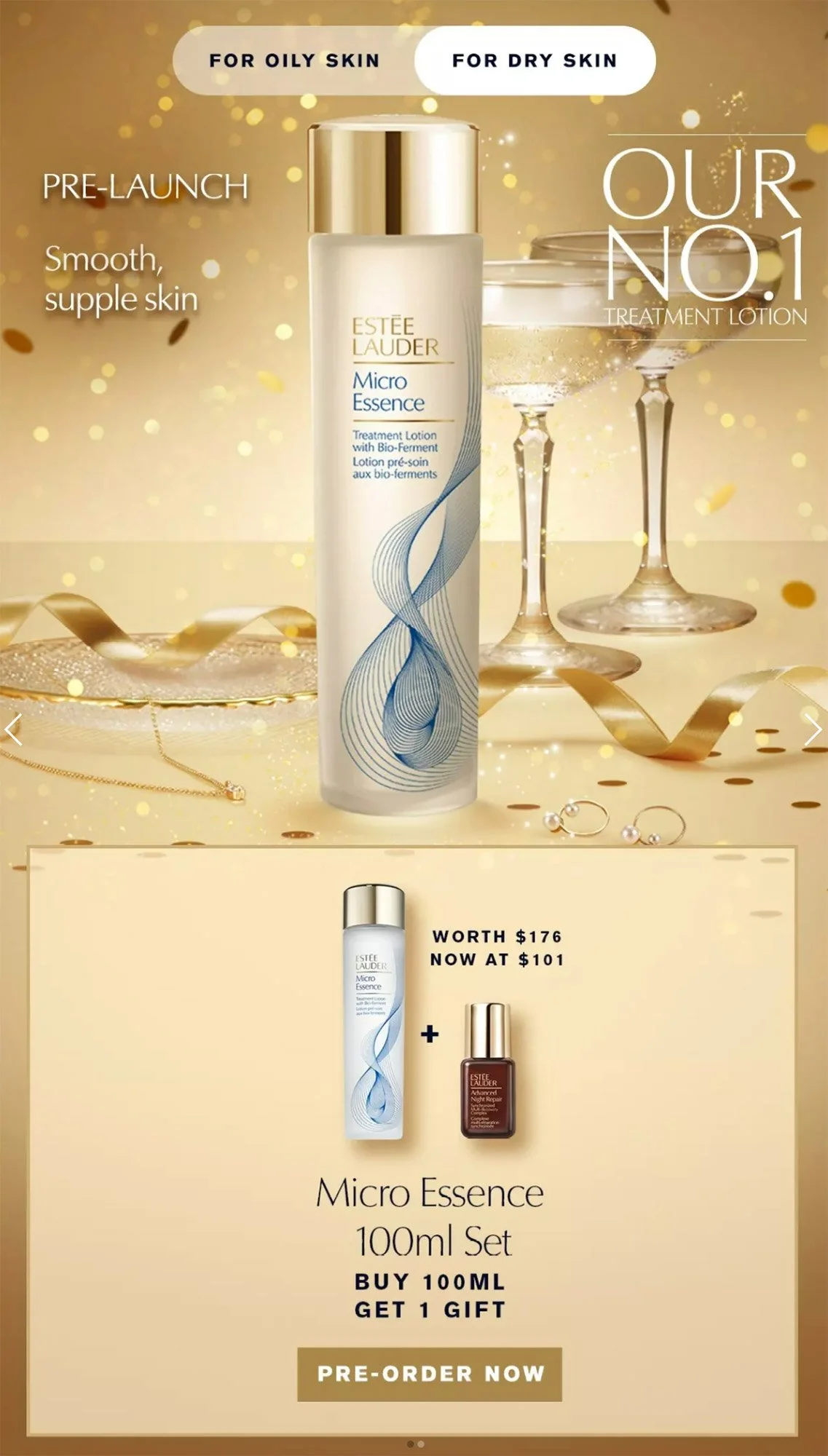 Advertisement for Estée Lauder Micro Essence treatment lotion, highlighting its benefits for oily and dry skin, with a special promotion for a 100ml set including a gift, and a pre-order call to action.