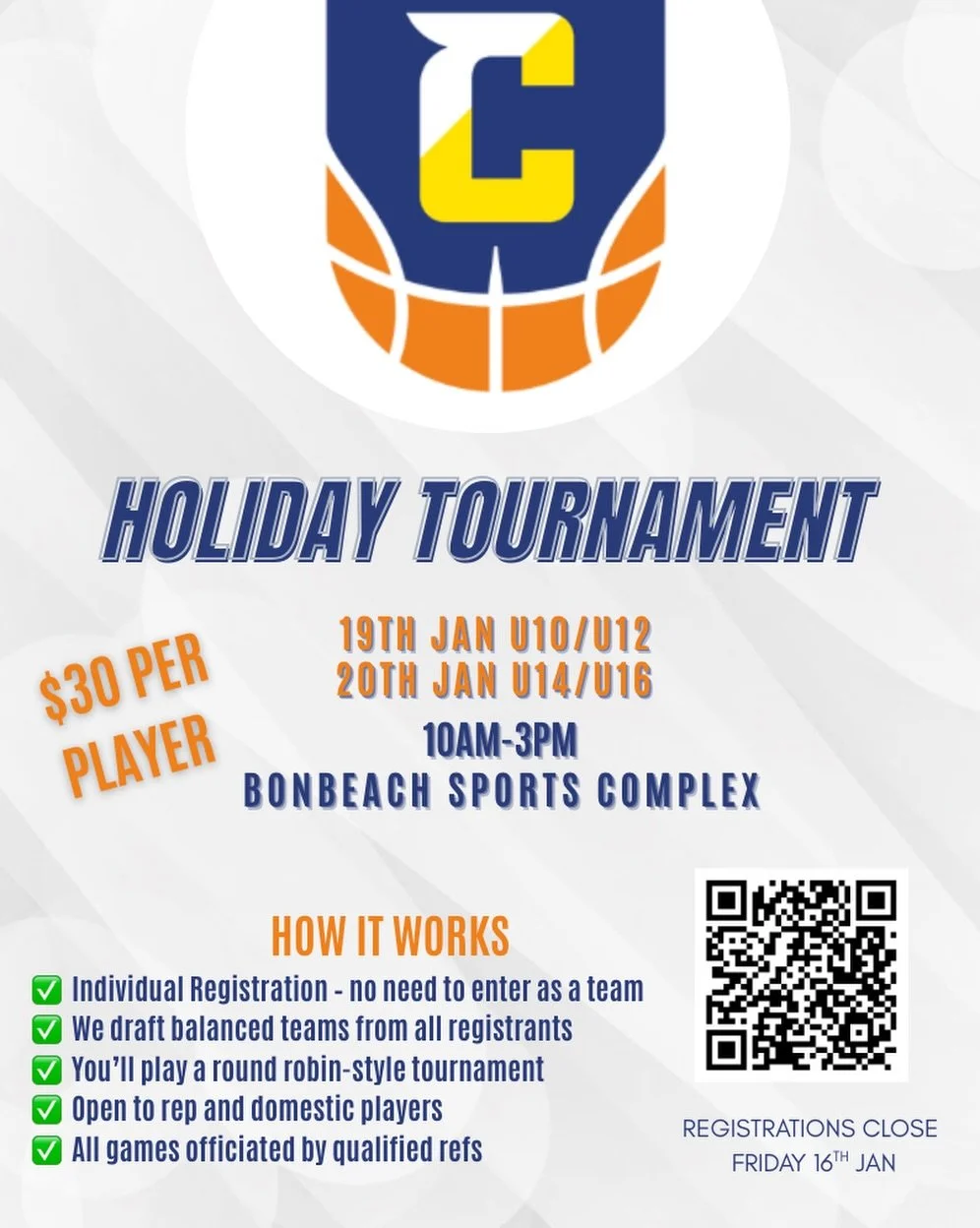 🎉 Holiday Tournament Alert! 🎉
Our January Holiday Tournament is back, and it&rsquo;s open to all players 🙌 Whether you&rsquo;re a domestic player or rep level, this is your chance to ball out, have fun, and meet new teammates!

🏀 Balanced teams d