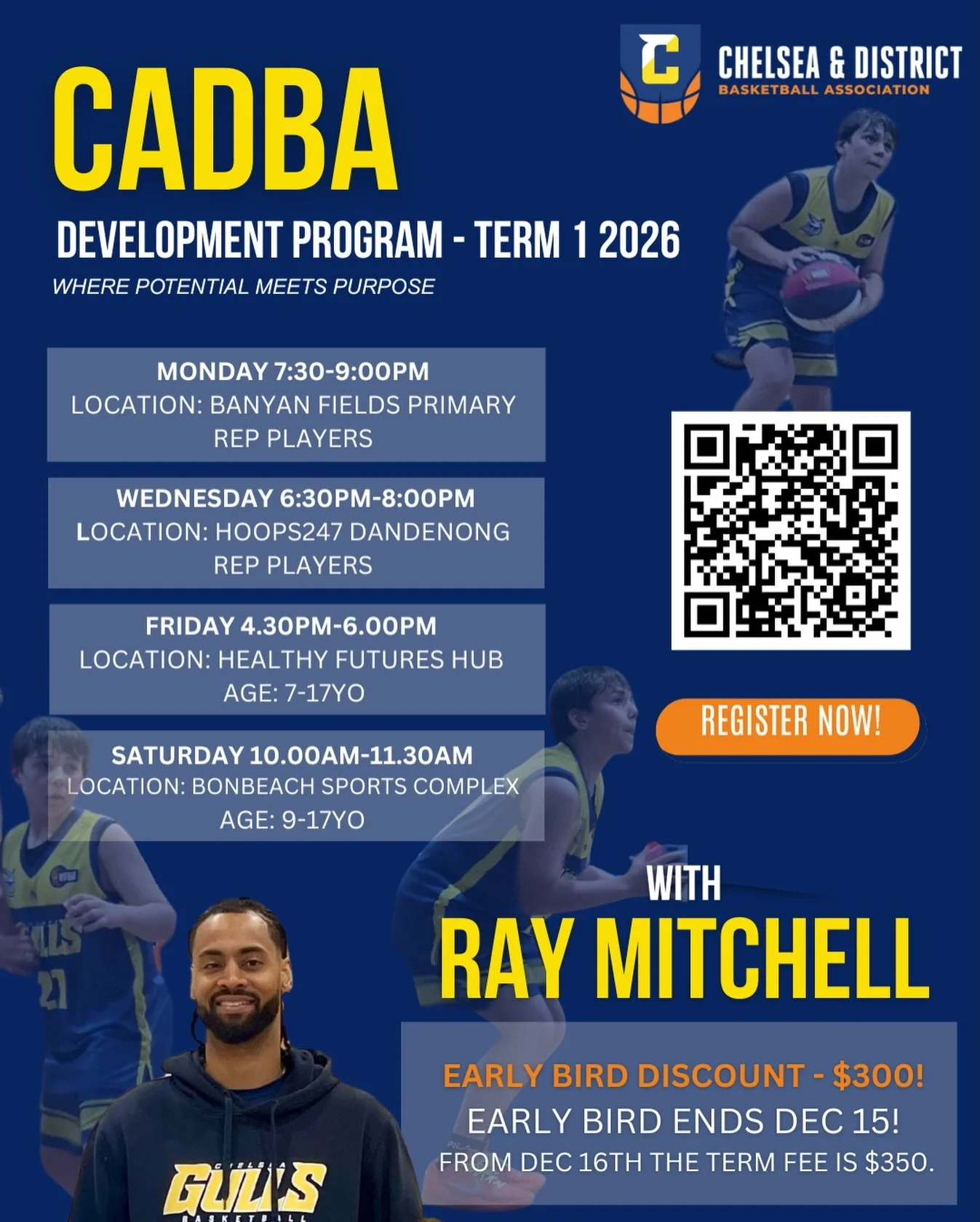 The CADBA Development Program is back!
Hosted by Ray Mitchell, this program is built to help players grow their skills, confidence, and basketball IQ. Ray brings years of coaching experience and a wealth of basketball knowledge, making these sessions
