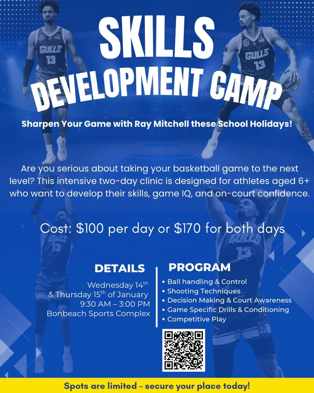 🎉 School Holiday Skills Camp! 🎉
Join Ray Mitchell for two action-packed days of basketball skills and technique. Open to kids aged 6+.
📍 Bonbeach Stadium | 🕤 9:30am&ndash;3pm | 📅 14th &amp; 15th January
Register now via the QR code or our websit