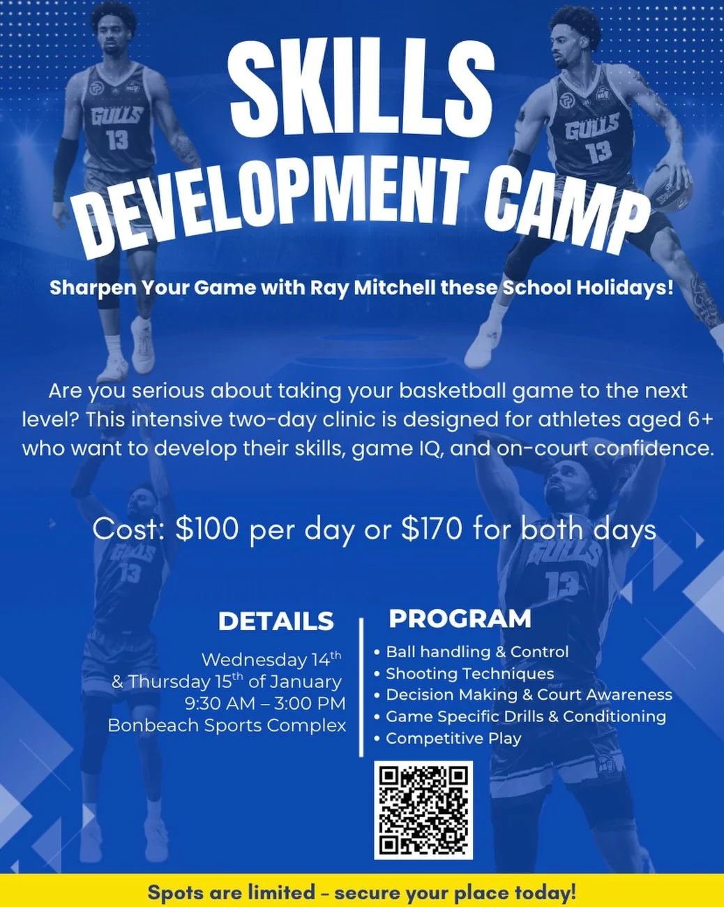 🏀 Level up your game these holidays!
Ray Mitchell is running a 2-day skills development camp for kids 6+ at Bonbeach Stadium. Don&rsquo;t miss out!
📅 14&ndash;15 January | ⏰ 9:30am&ndash;3pm
Scan the QR code or visit our website to secure your spot