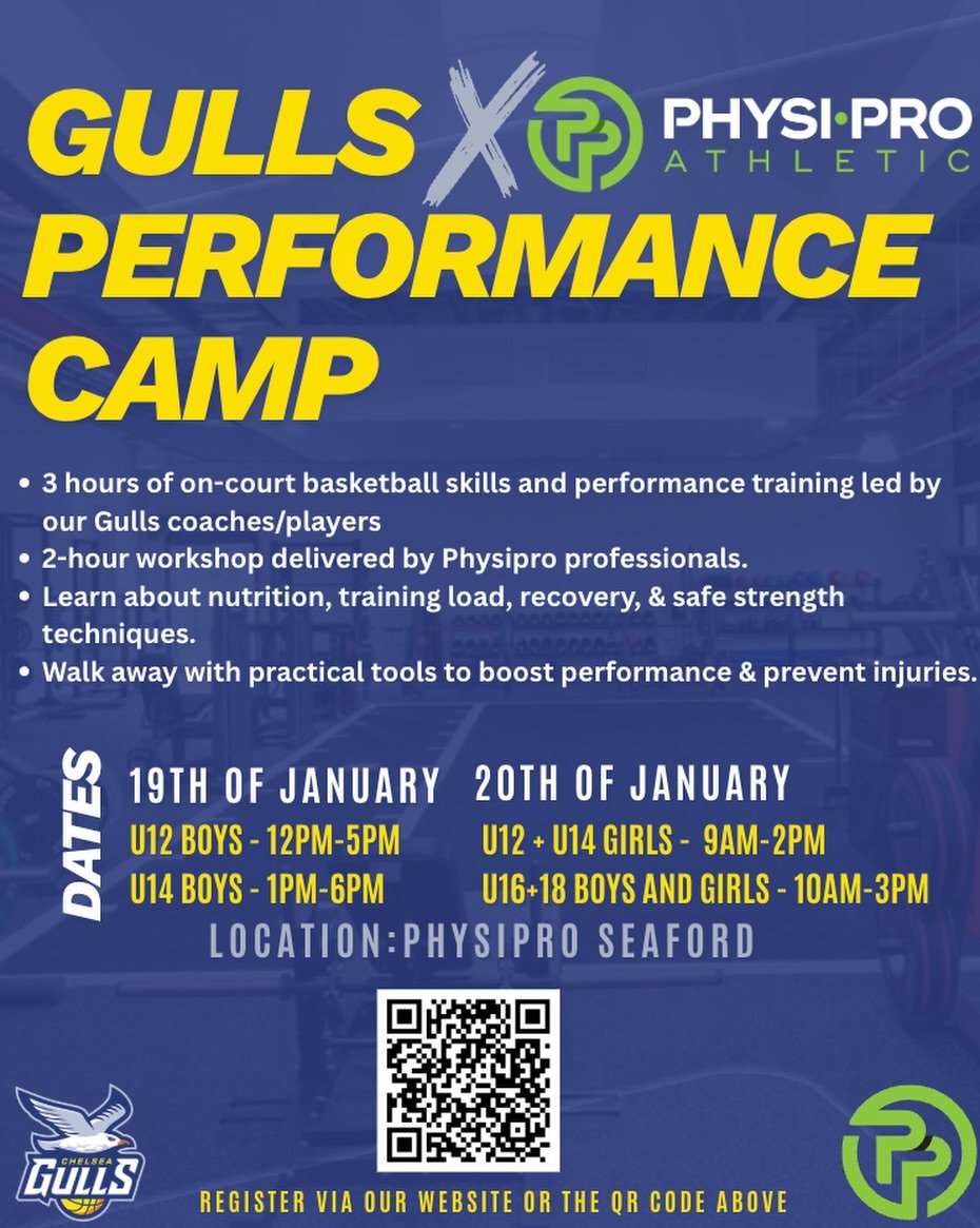 Boost your performance on and off the court at the Gulls x Physipro Performance Camp!
✨ 3 hours of basketball skills + 2-hour Physipro workshop
✨ Learn nutrition, safe strength training &amp; injury prevention
📅 19-20 January | Ages U12-U18 | 📍 Phy