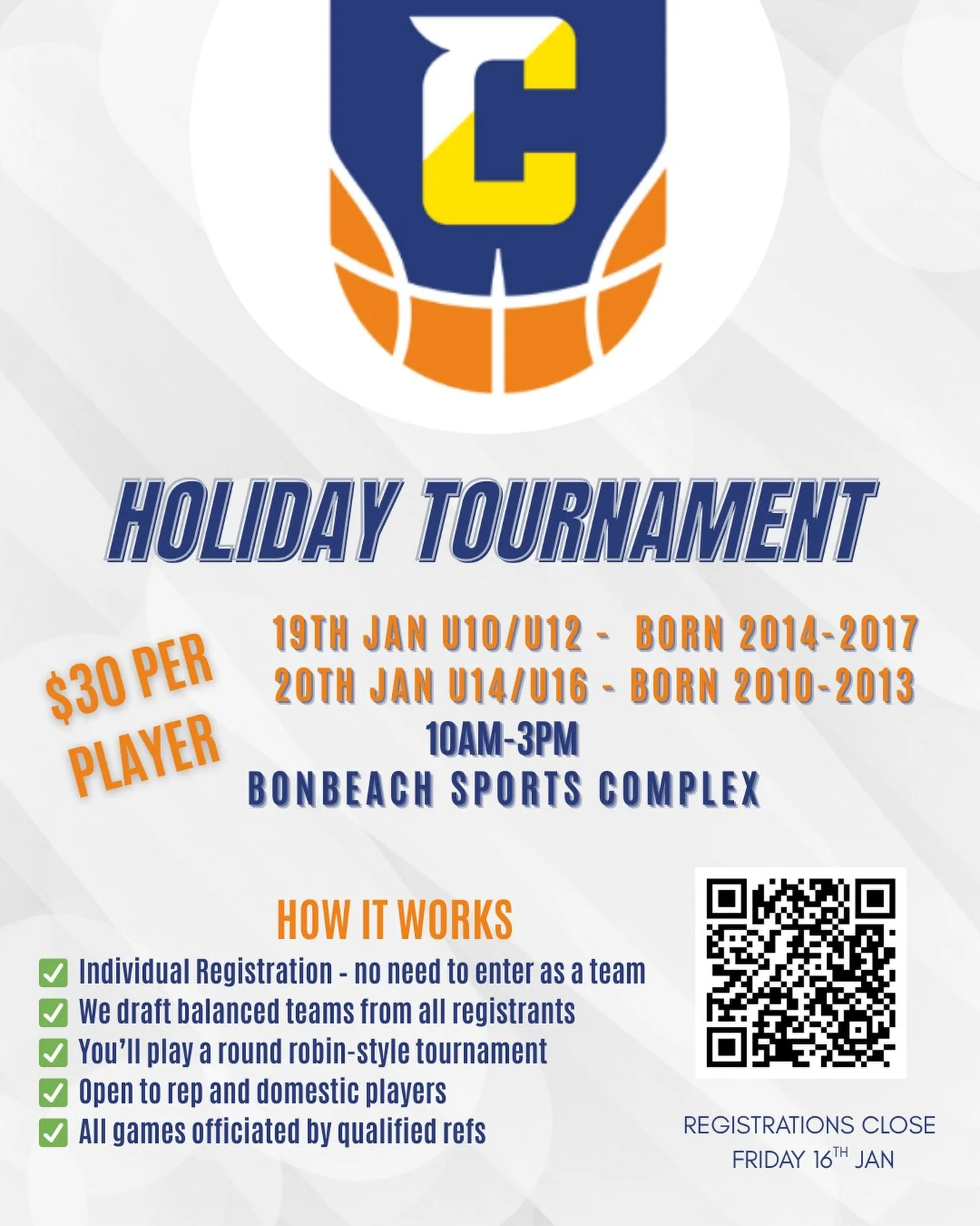 ⏰ Last chance to register!
Grab your friends and head to Bonbeach Stadium for action-packed days of fun, fast-paced basketball and great competition. Don&rsquo;t miss out! 🏀🔥