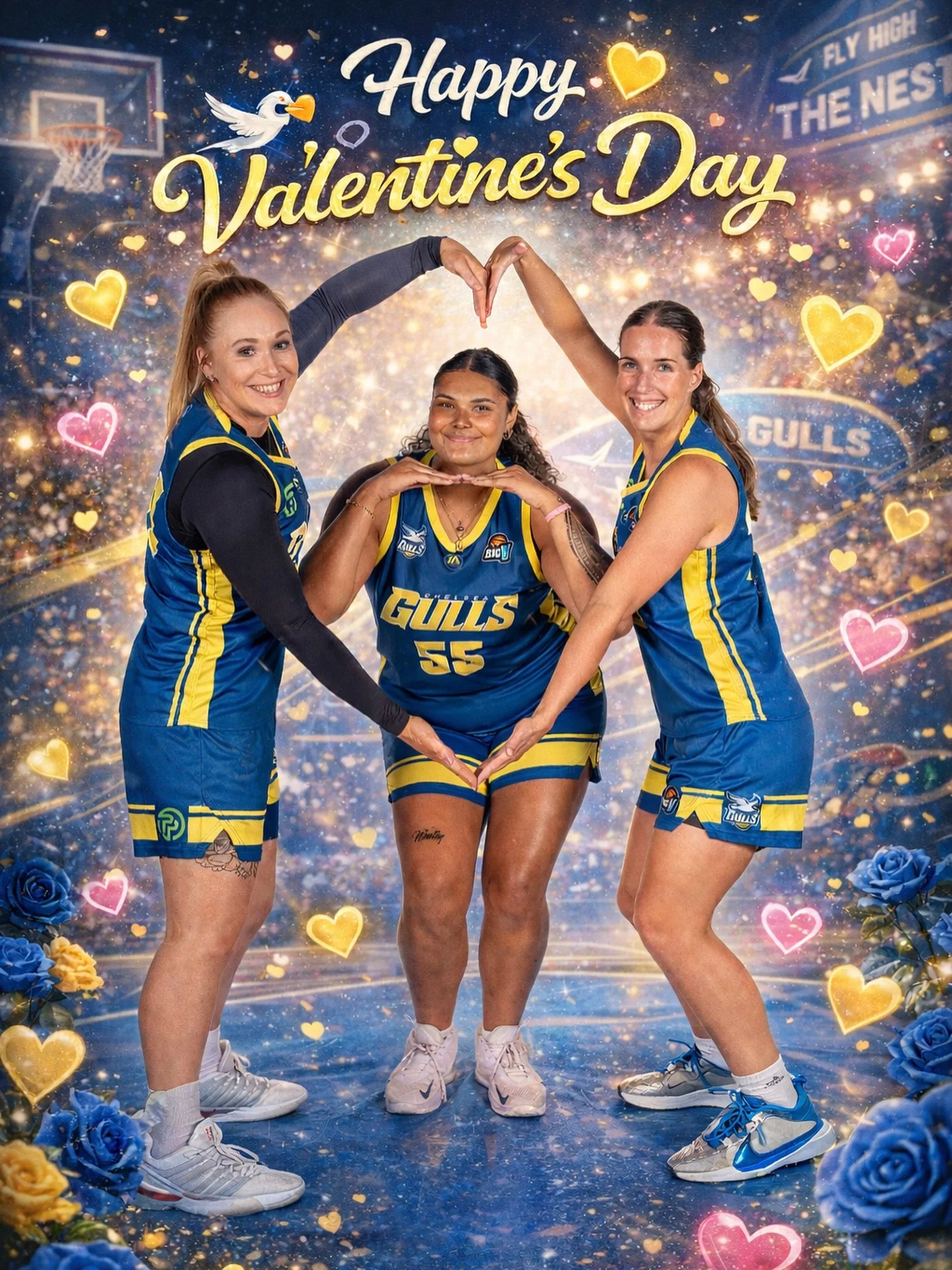 💛💙 LOVE IS IN THE NEST 💙💛
This Valentine&rsquo;s Day we&rsquo;re celebrating with love from our BIG V PhysiPro Women&rsquo;s team 🥰
Steph. Rashaan. Georgia.

Teammates. Competitors. United.

Bringing the love for the Gulls jersey.

From the cour
