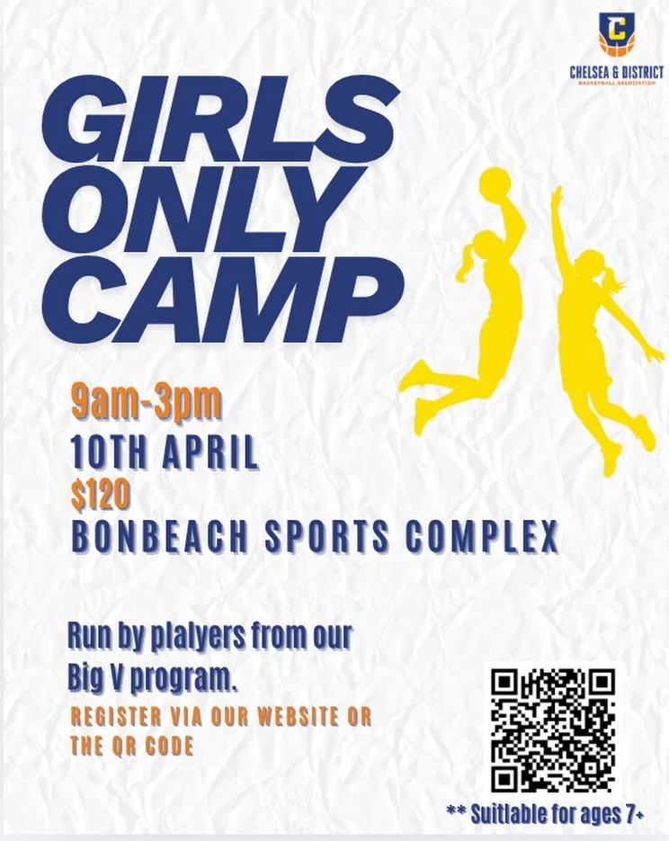 🌟 Girls Only Basketball Camp! 🌟

Get ready to sharpen your skills and have fun on the court! 🏀✨

📅 Date: 10th April
⏰ Time: 9am &ndash; 3pm
📍 Location: Bonbeach Sports Complex
💰 Cost: $120
👧 Ages: 7+

Run by our talented Big V players, this is