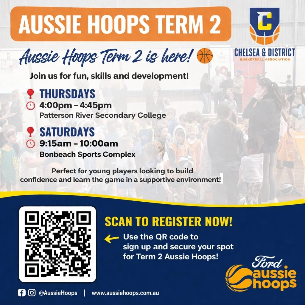 Aussie Hoops Term 2 is here! 🏀

Join us for fun, skills and development with sessions running:
📍 Thursdays 4:00pm&ndash;4:45pm at Patterson River Secondary College
📍 Saturdays 9:15am&ndash;10:00am at Bonbeach Sports Complex

Perfect for young play