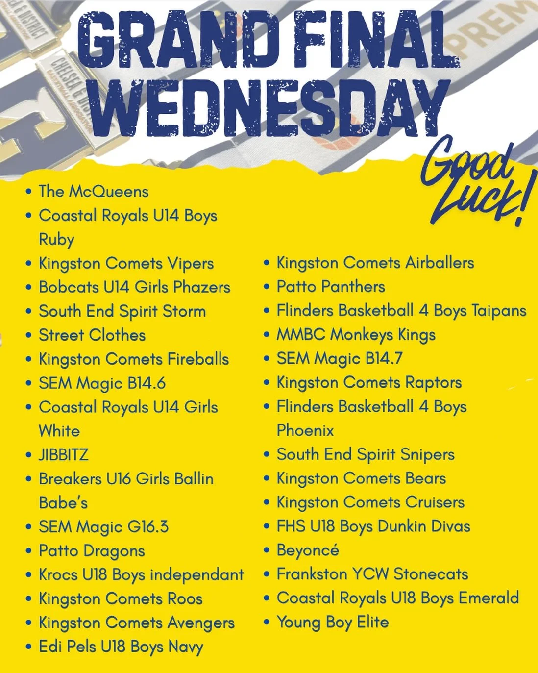 Wednesday Grand Finals are here! 🏀🔥

Lots of basketball to be played tonight&mdash;good luck to all teams competing. Play hard, play fair, and enjoy the big stage! 💪