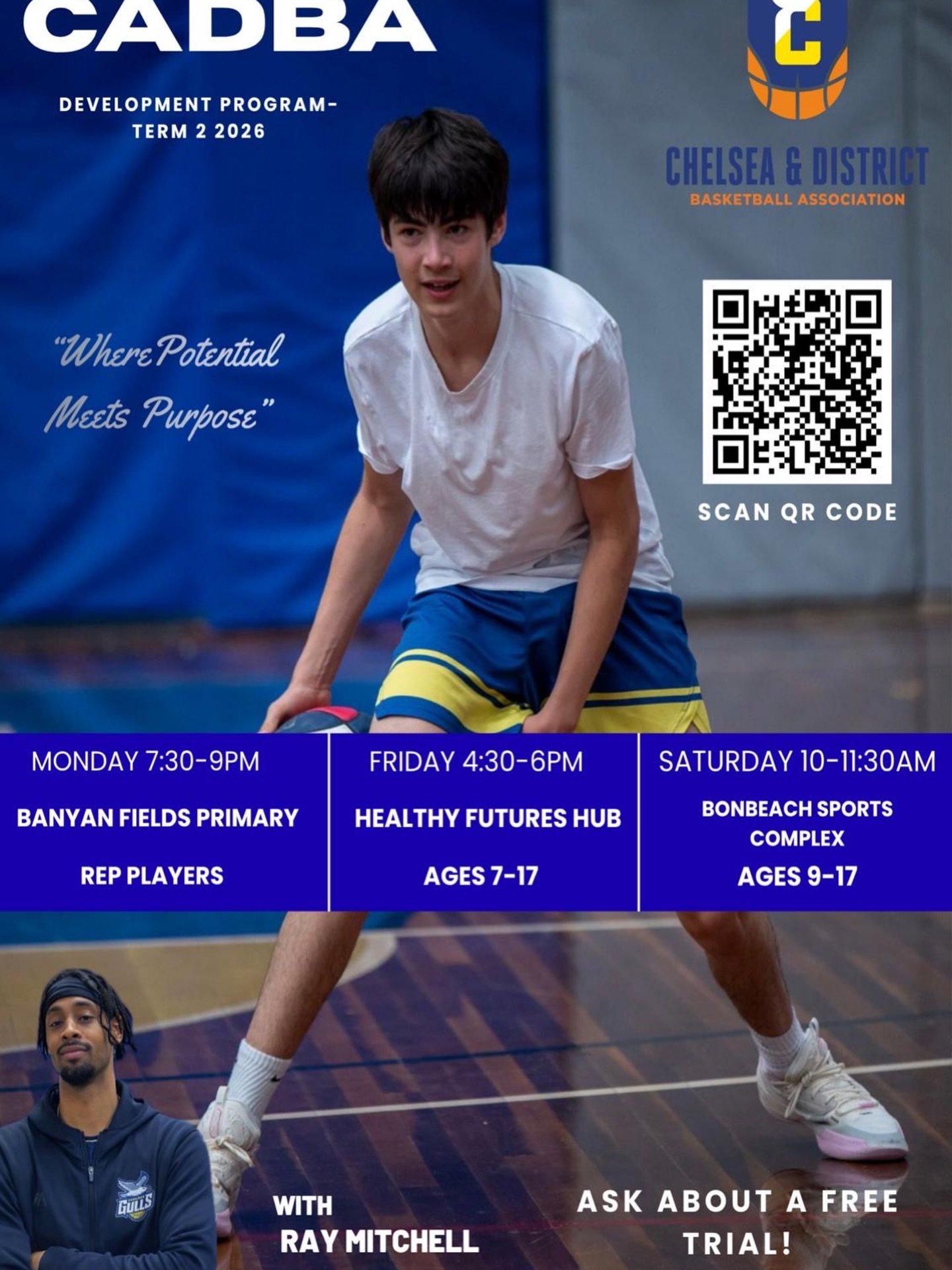 CADBA Development Program is now open for Term 2! 🏀
Join us for skill-building sessions with Ray Mitchell and take your game to the next level.
Sessions run Monday, Friday, and Saturday for ages 7-17.
Register now via the QR code and ask about a fre