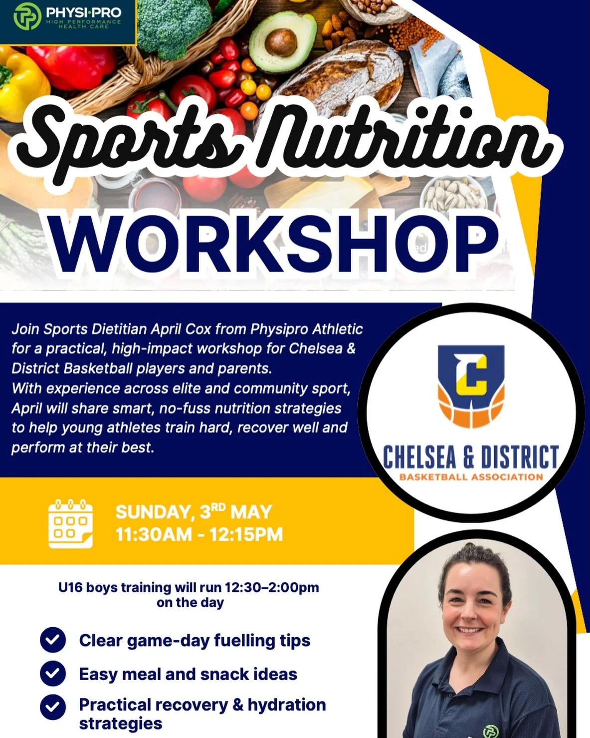 This is one you won&rsquo;t want to miss. Chelsea Basketball Association Exclusive!
We&rsquo;re thrilled to be bringing a high-impact Nutrition Workshop to Chelsea players, open to all players and parents.

Delivered by Sports dietitian April from ou