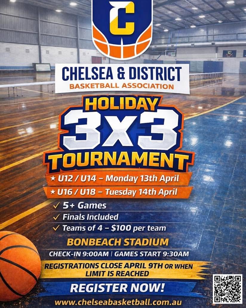 🏀 CADBA 3x3 HOLIDAY TOURNAMENT 🏀

Grab your squad and hit the court for our 3x3 Holiday Tournament at Bonbeach Stadium! Fast-paced games, non-stop energy, and a full day of basketball action. 💥

📅 Tournament Dates:

U12 / U14 &ndash; Monday 13th 