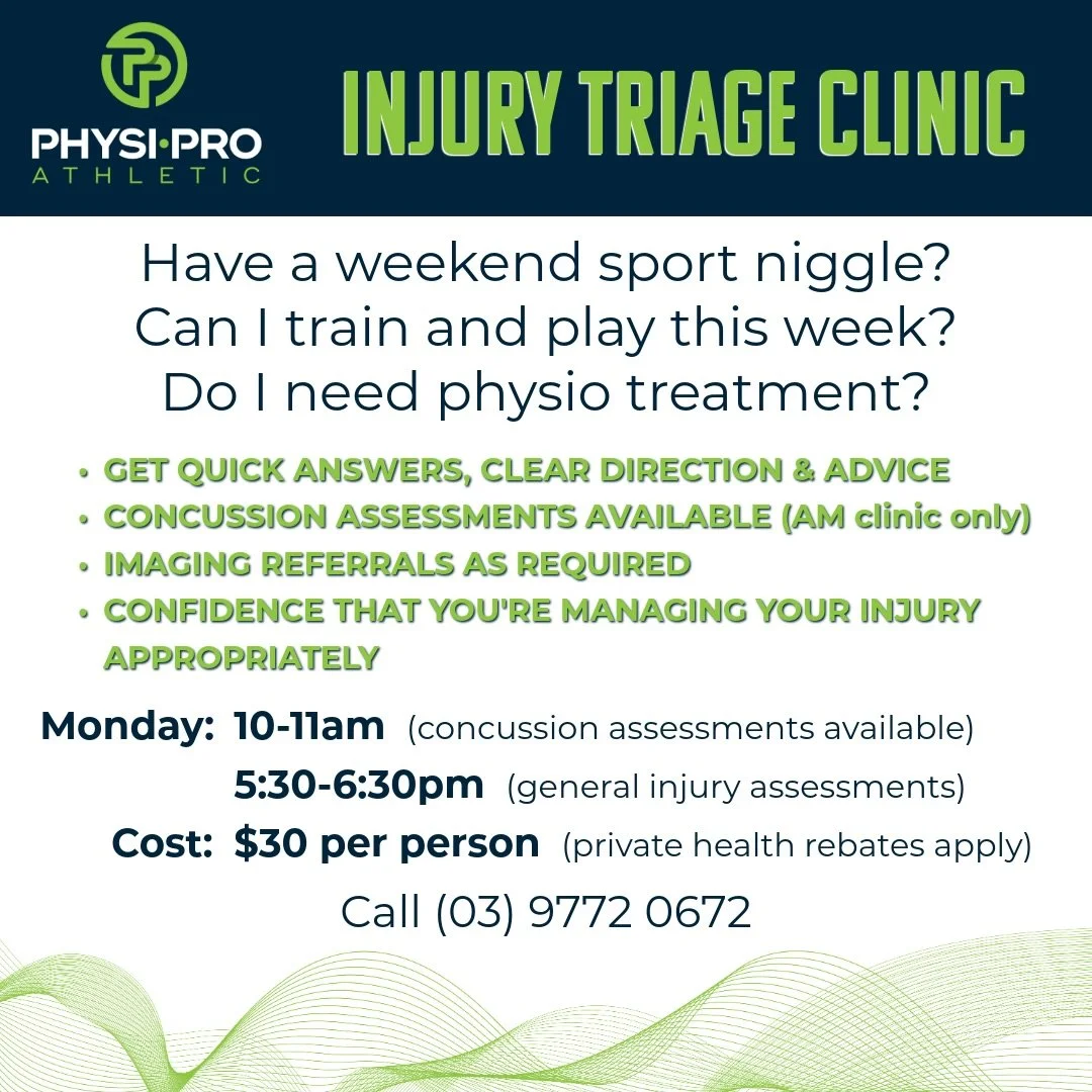 Got a weekend sports niggle and not sure what to do next? 🤔

Our Injury Triage Clinic is here to help you get quick answers, clear direction, and the confidence to manage your injury properly.

✔️ Concussion assessments (AM clinic)
✔️ General injury