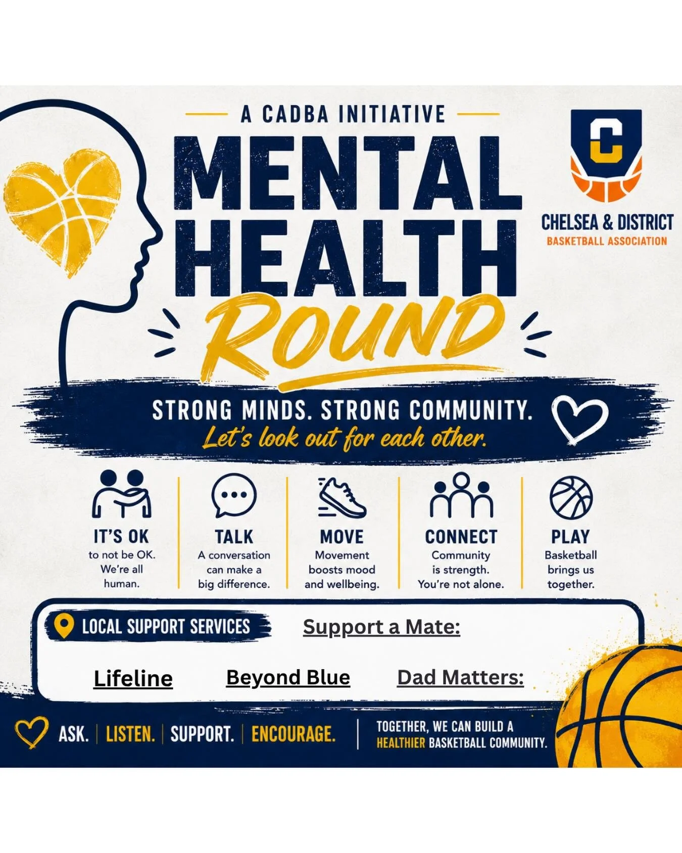 💙 MENTAL HEALTH ROUND 💙

At CADBA, basketball is about more than what happens on the court. It&rsquo;s about community, connection and supporting each other through every stage of life.

It&rsquo;s Mental Health Round and we&rsquo;re encouraging ou